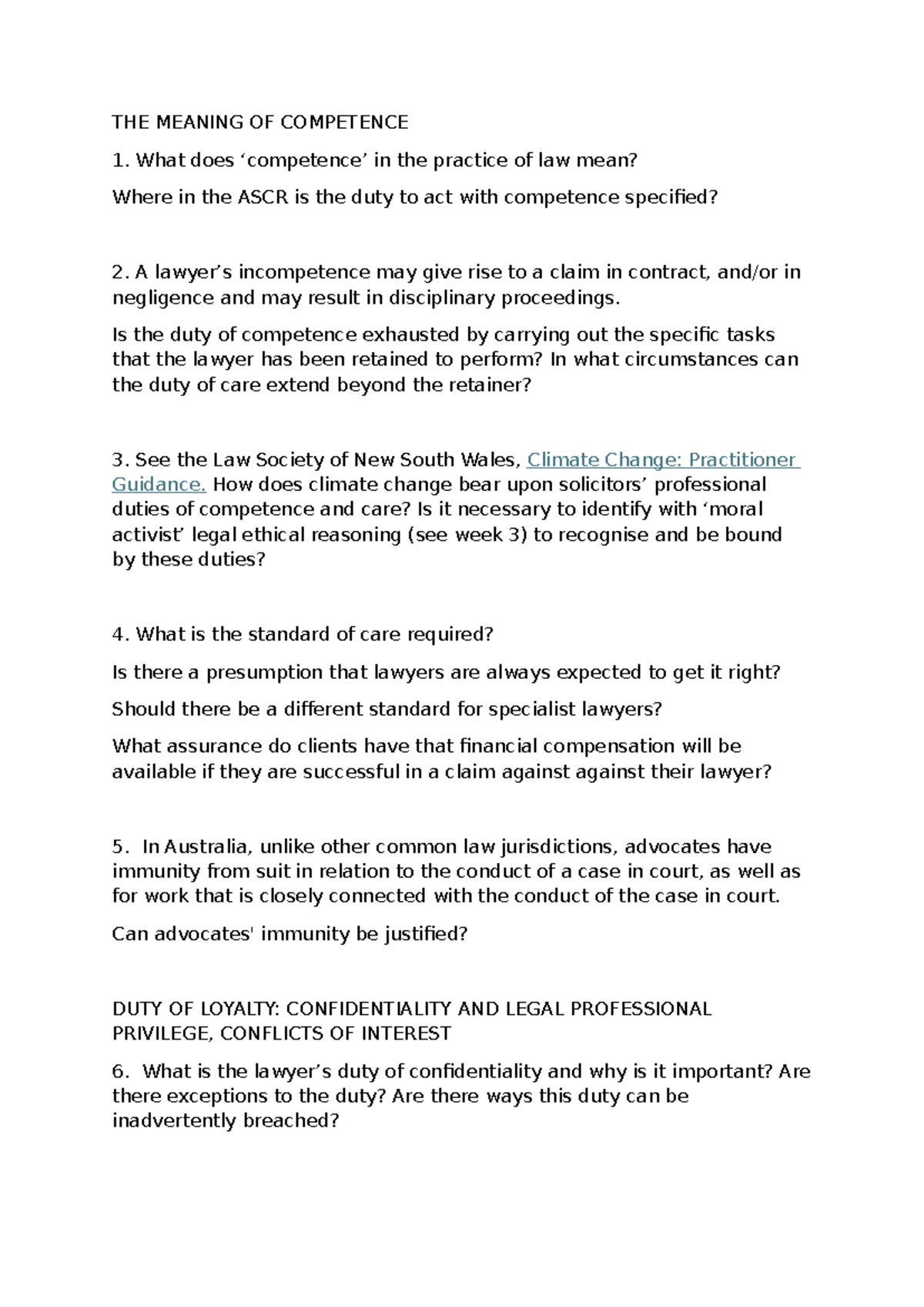 Competence in Law: Seminar Questions on Legal Duties and Ethics - Studocu