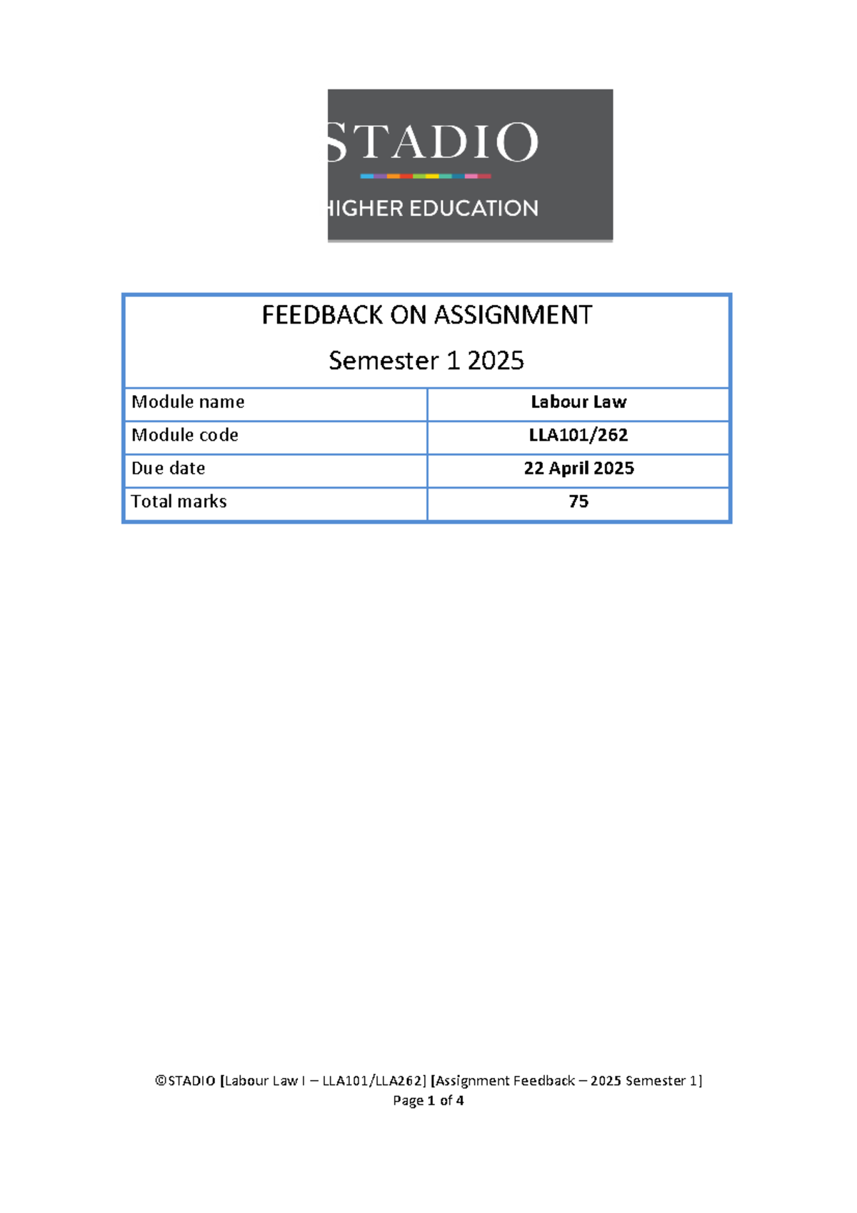 LLA101 Labour Law Assignment Feedback - Semester 1 2025 - Studocu
