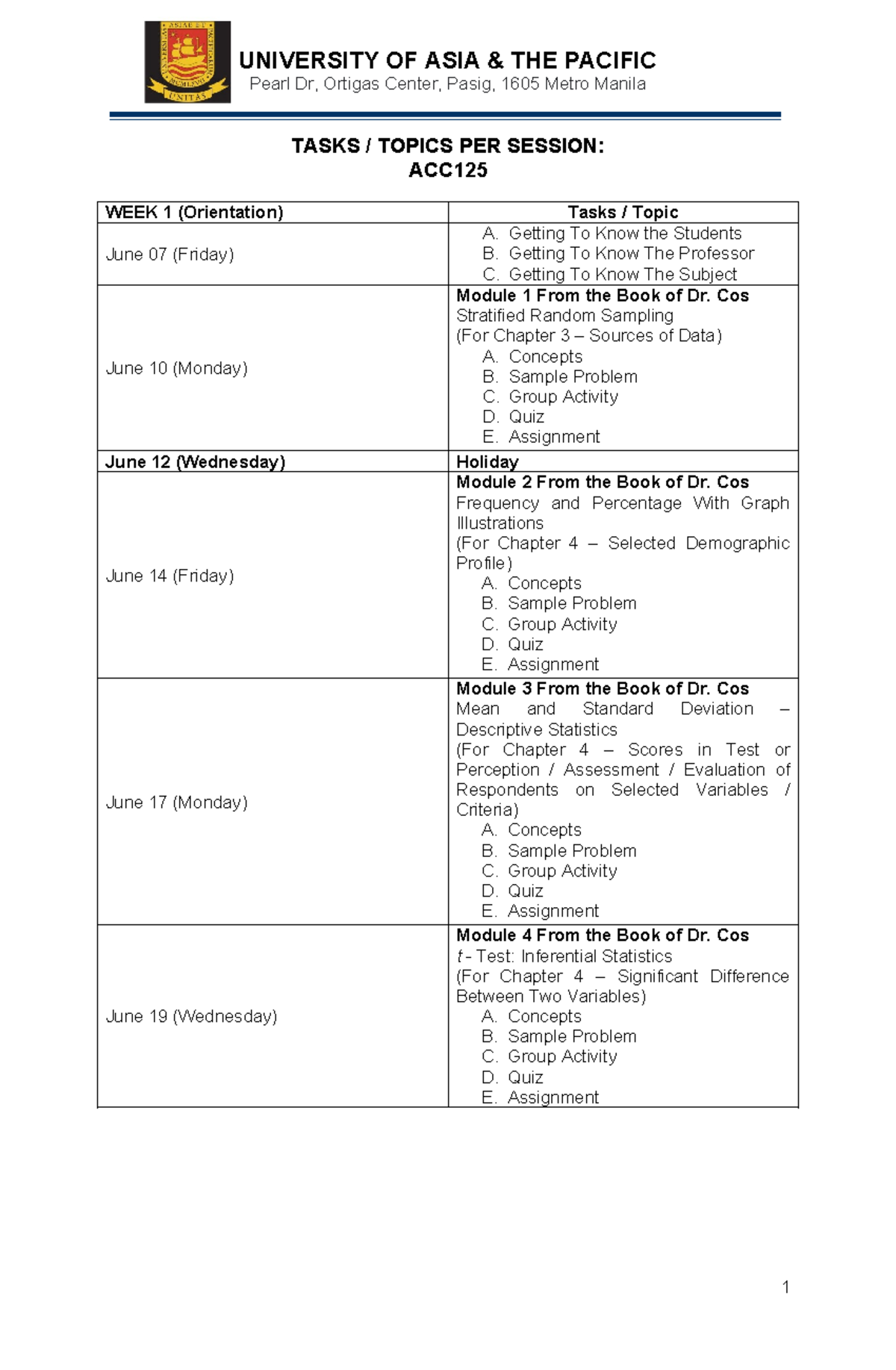 02 LIST OF Topics Activities PER Session - UNIVERSITY OF ASIA & THE ...