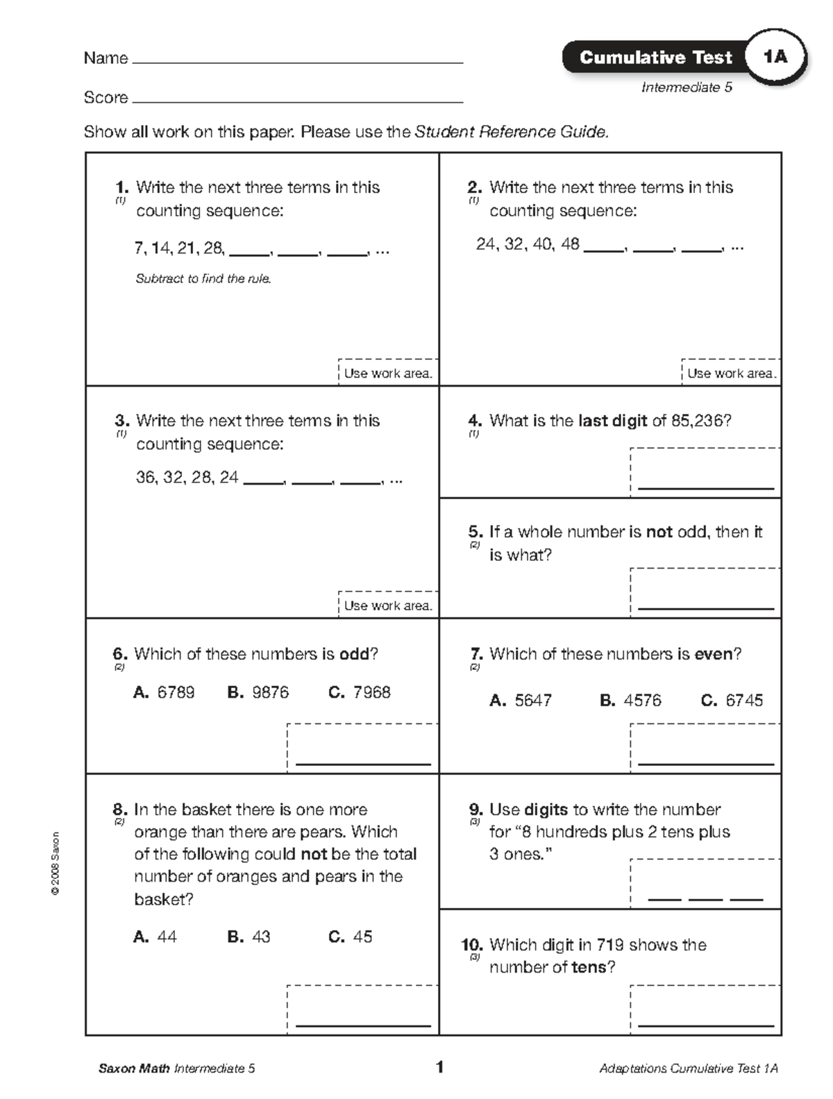 Cumulative Test 1A for Saxon Math Intermediate 5 - Studocu
