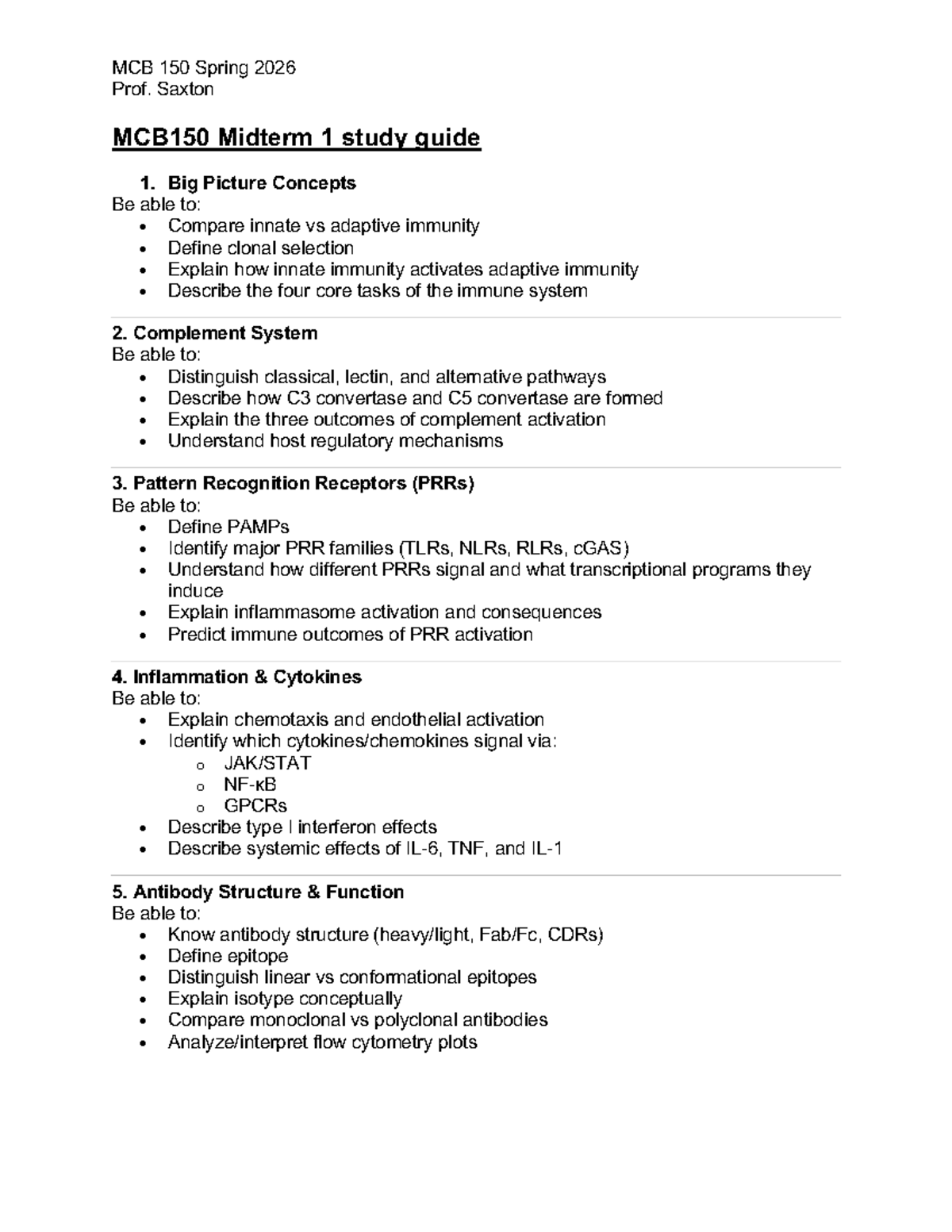 MCB 150 Spring 2026 Midterm 1 Study Guide: Immune System Concepts - Studocu