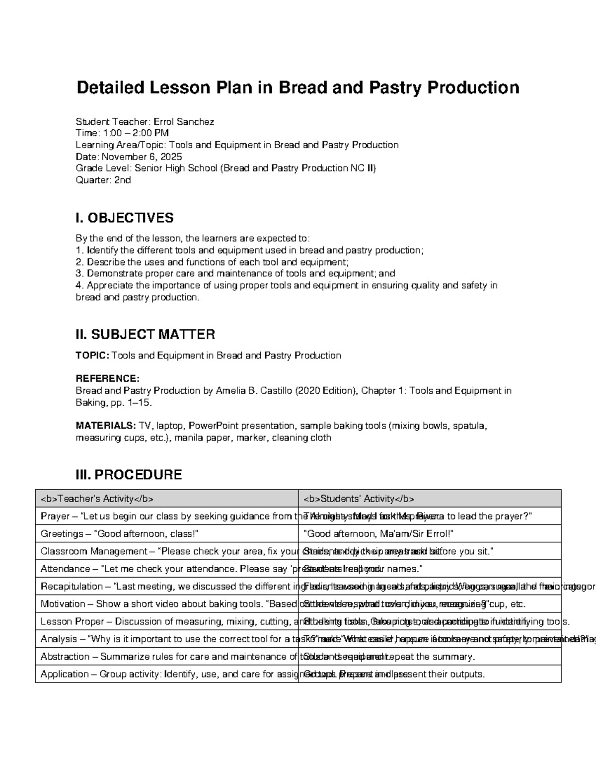 Detailed Lesson Plan: Tools & Equipment in Bread & Pastry Prod. NC II ...