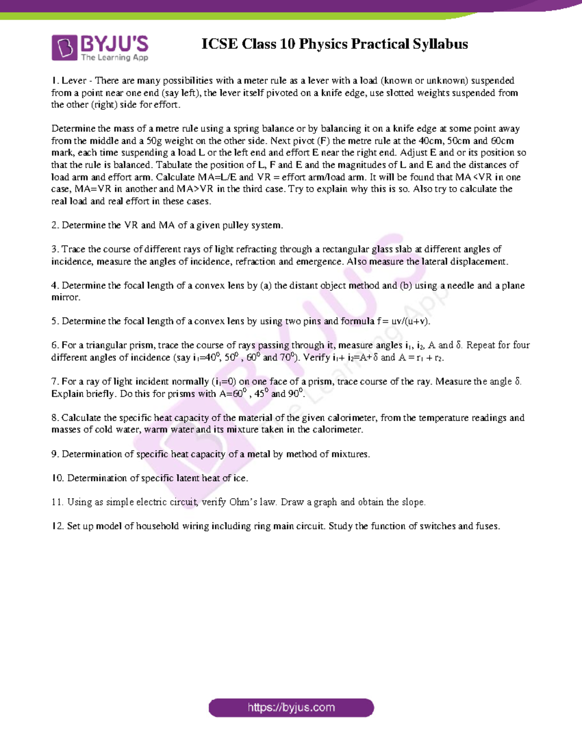 ICSE Class 10 Physics Practical Syllabus: Experiments & Concepts - Studocu