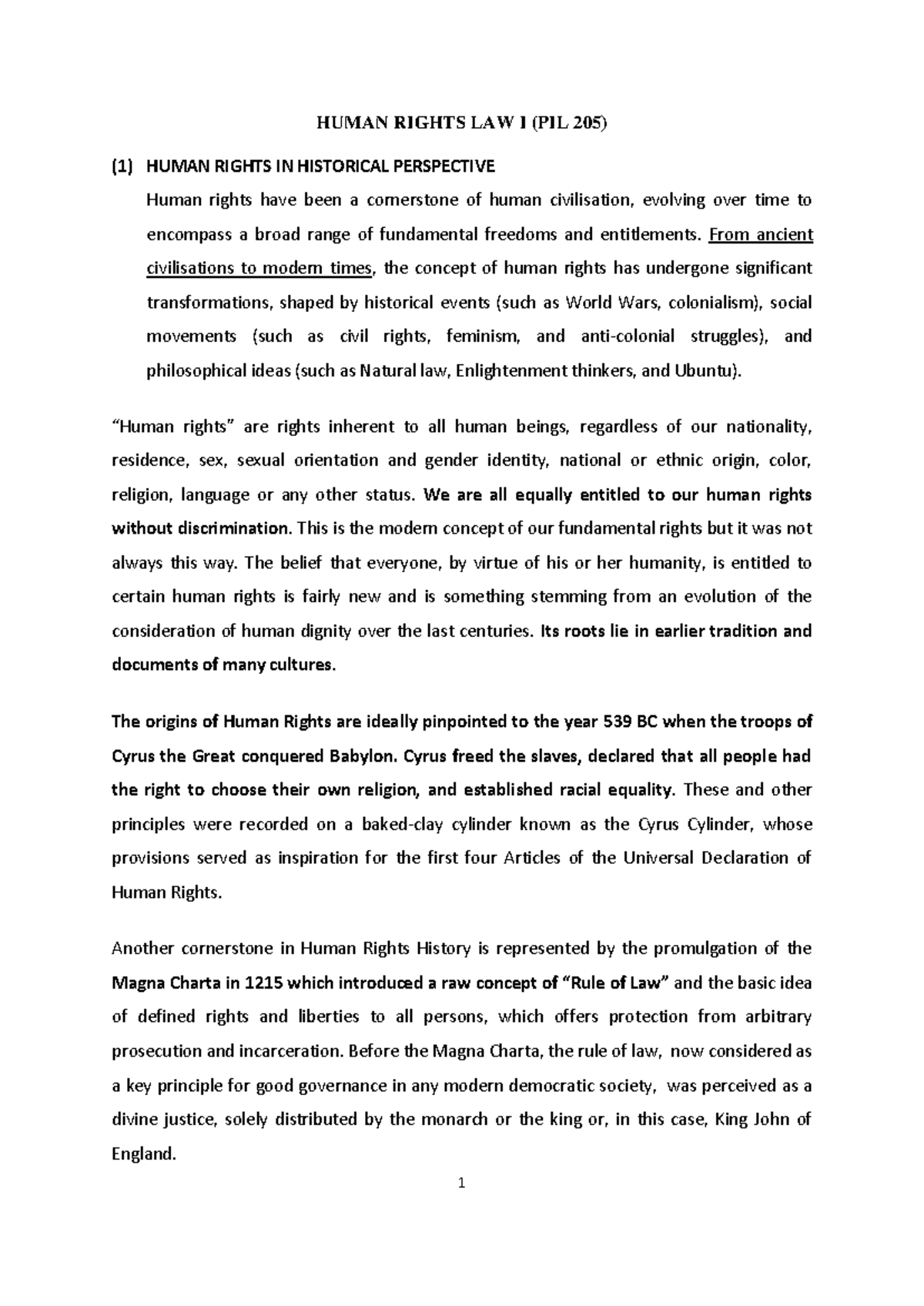 HUMAN RIGHTS LAW I (PIL 205) - Historical Perspectives on Human Rights ...