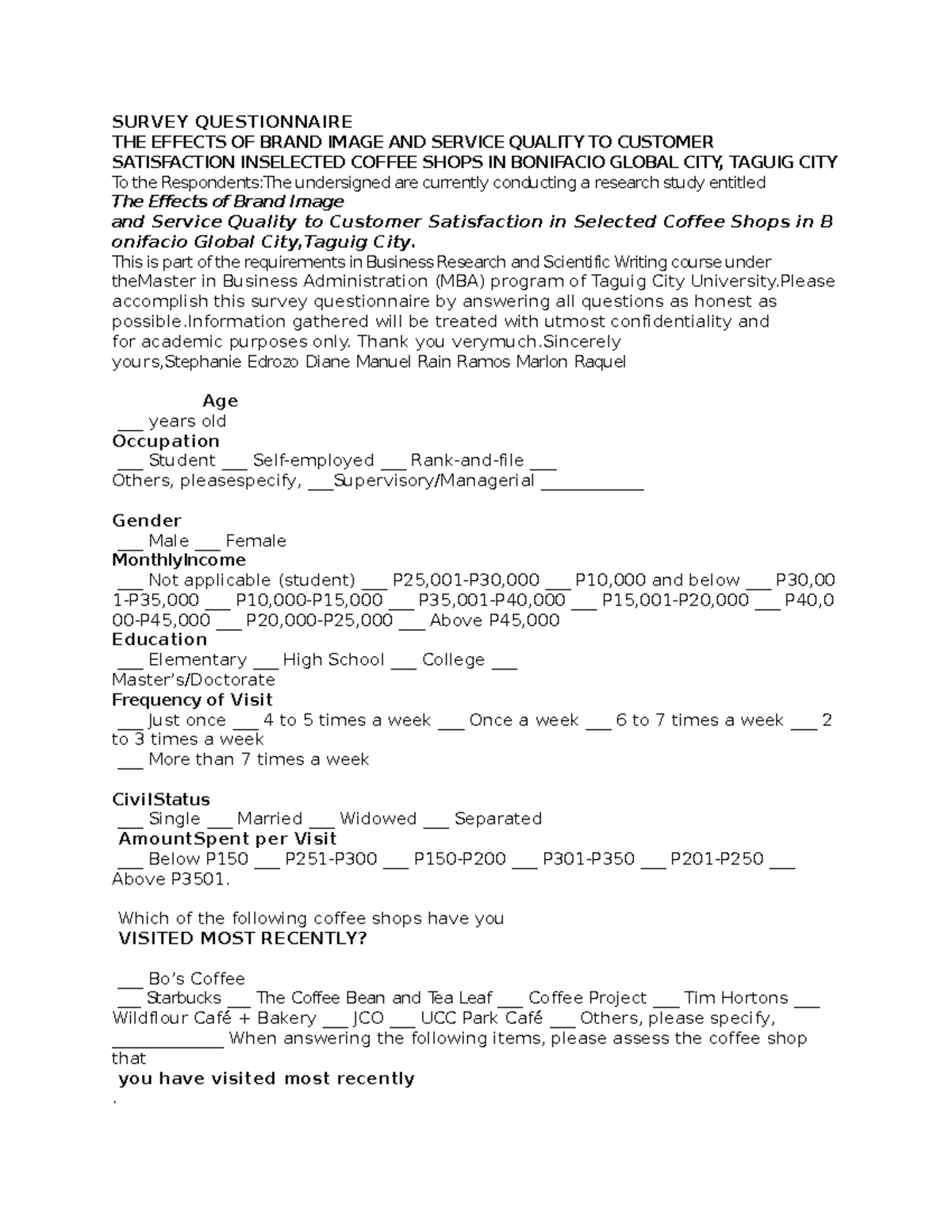 Survey Questionnaire - SURVEY QUESTIONNAIRE THE EFFECTS OF BRAND IMAGE ...