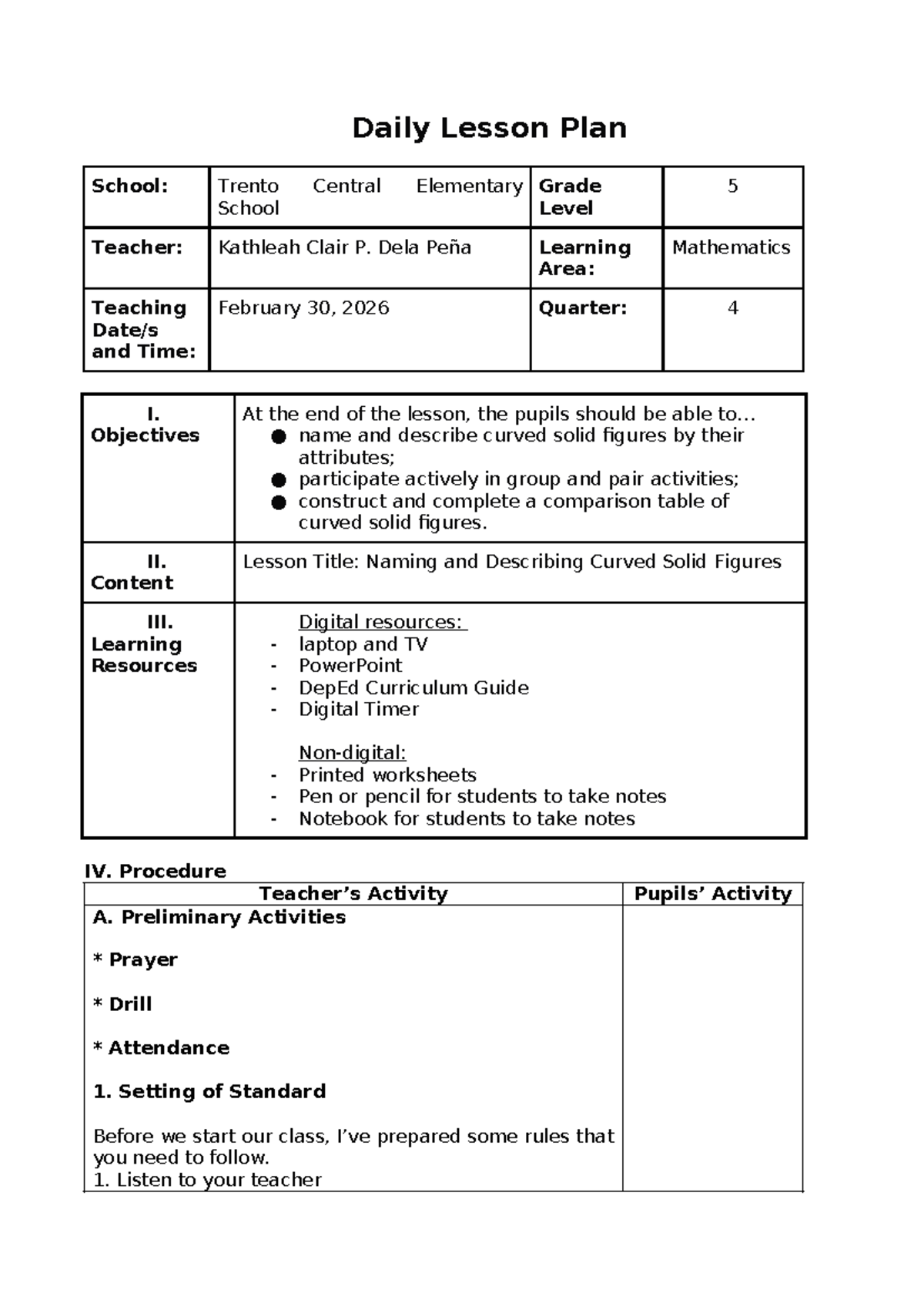 Grade 5 Math Lesson Plan: Naming & Describing Curved Solid Figures ...