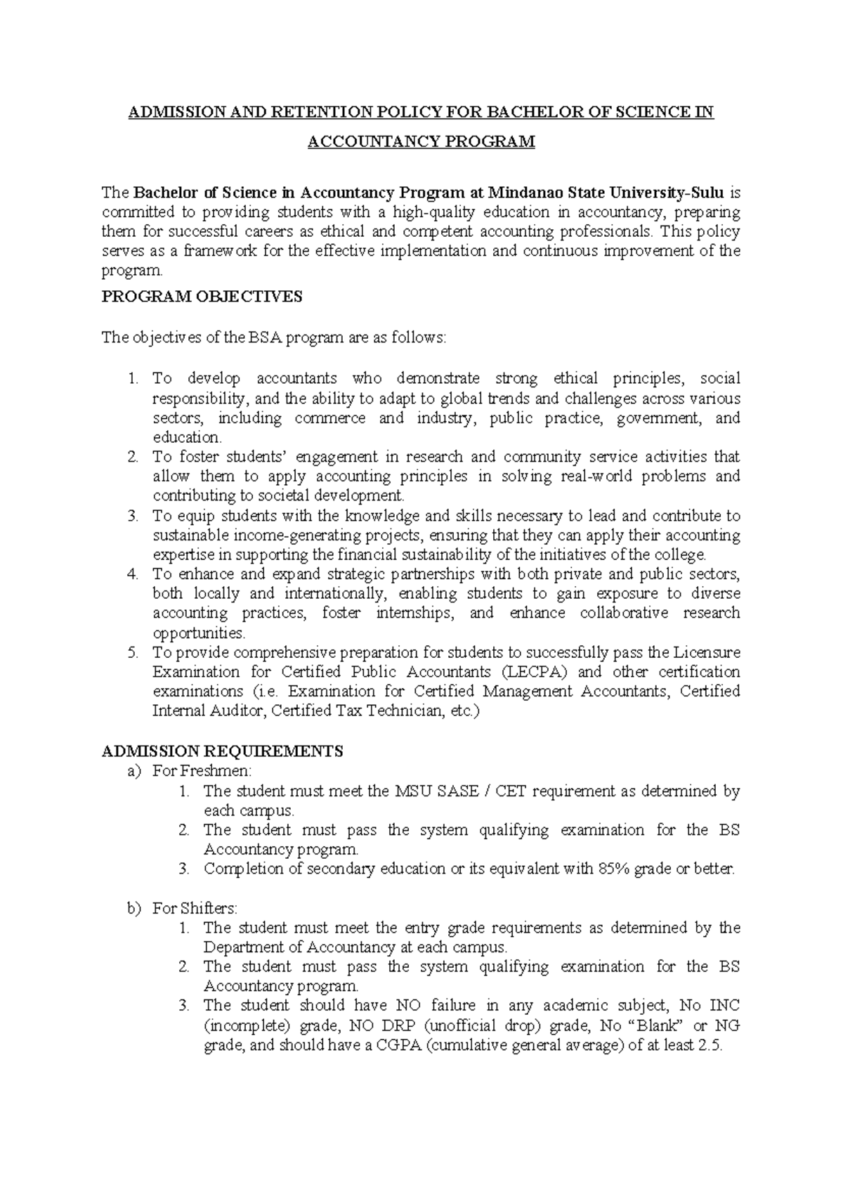 Retention Policy for BSA Program 2025-2026 - Studocu