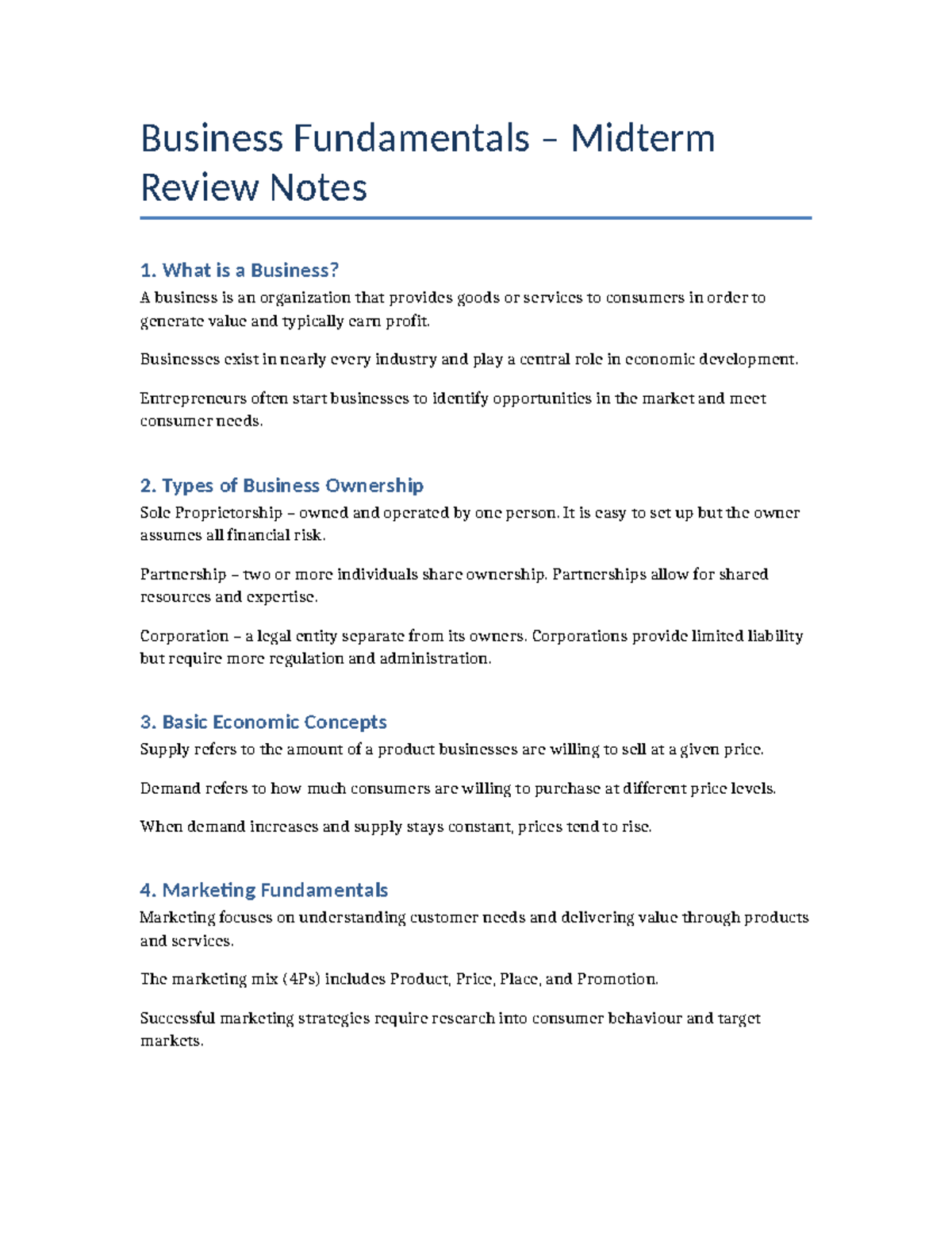 BUS 101 Business Fundamentals Midterm Review Notes - Studocu