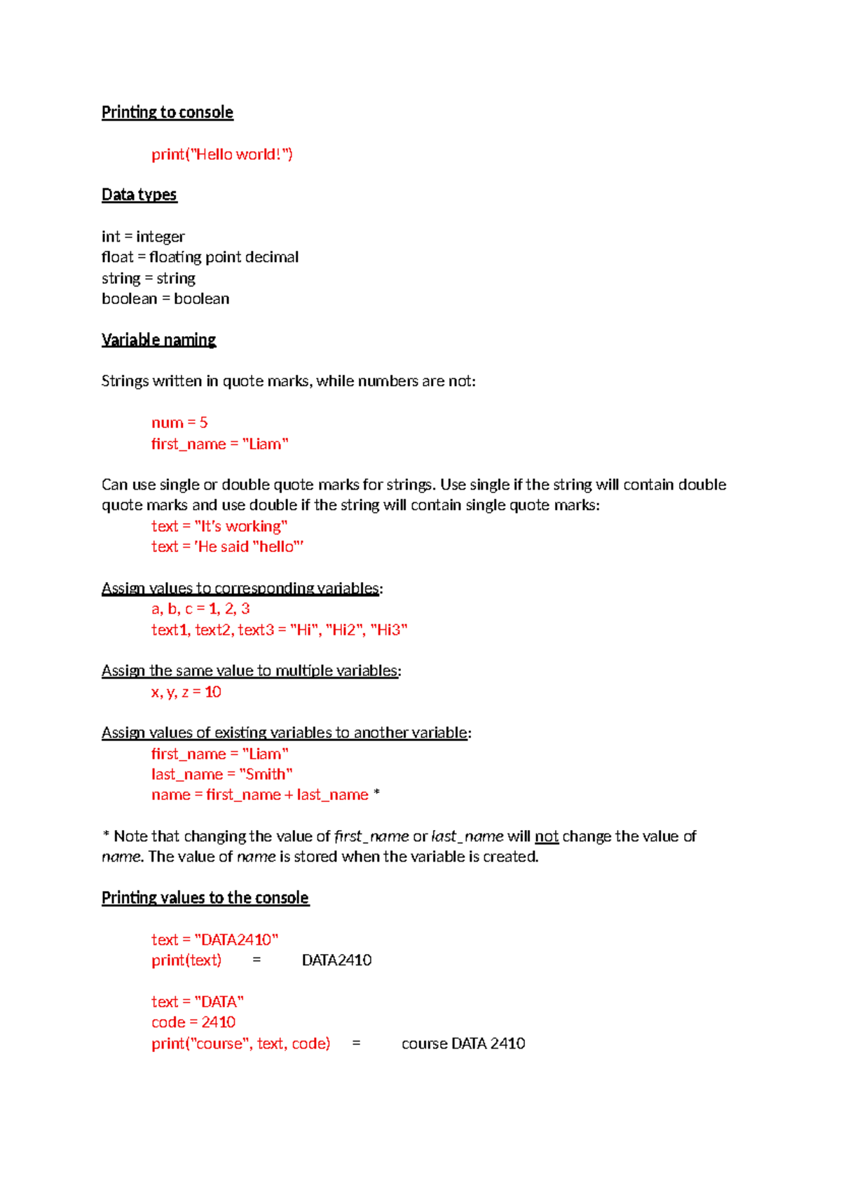 Python Notes 1: Data Types, Variables, and Control Structures (DATA2410 ...