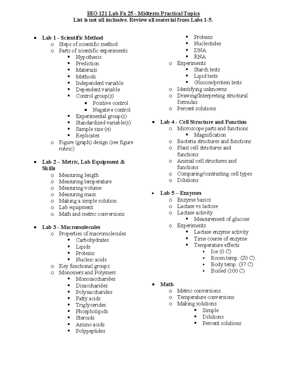 BIO 121 Lab Fa 25 - Midterm Practical Topics Overview & Review - Studocu