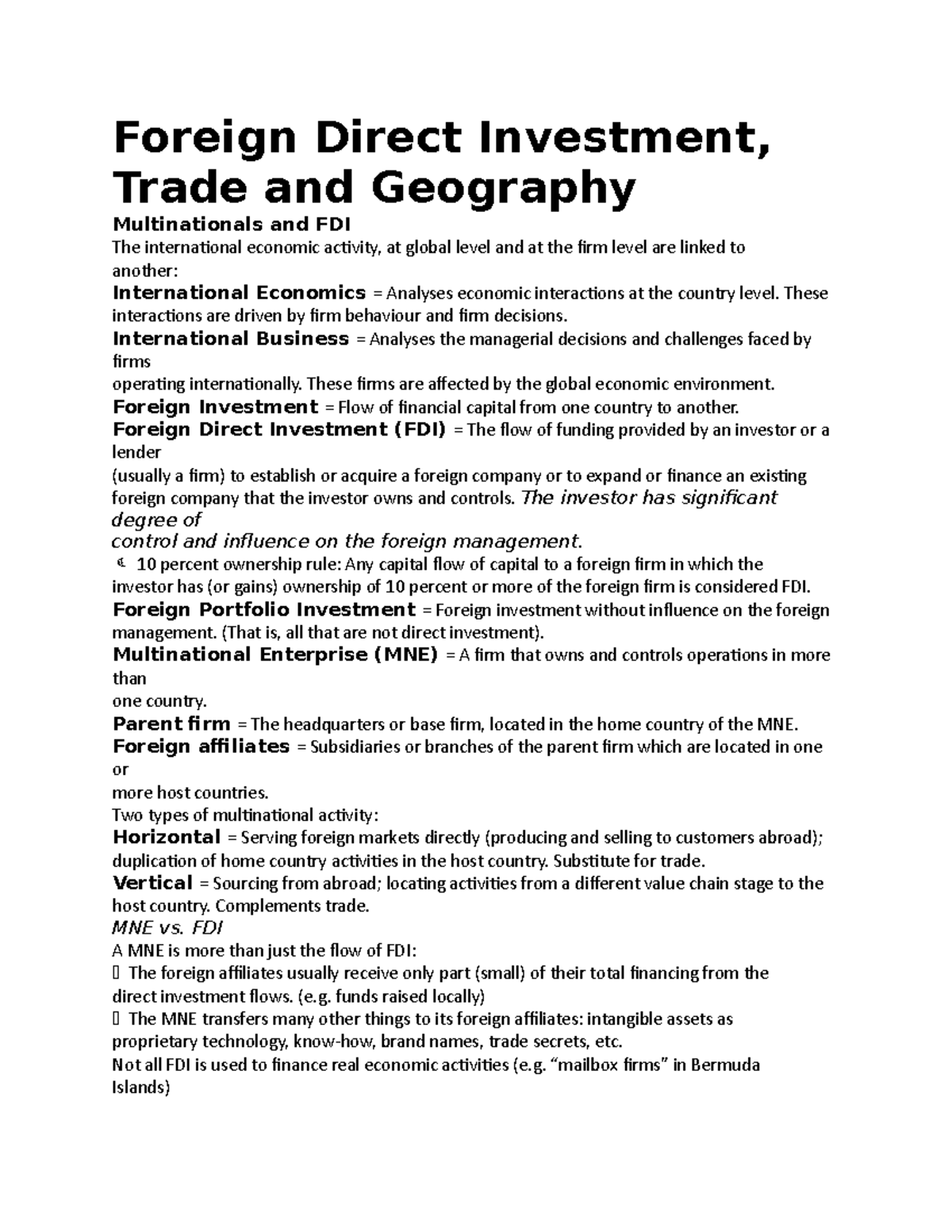 Foreign Direct Investment summary - Foreign Direct Investment, Trade ...