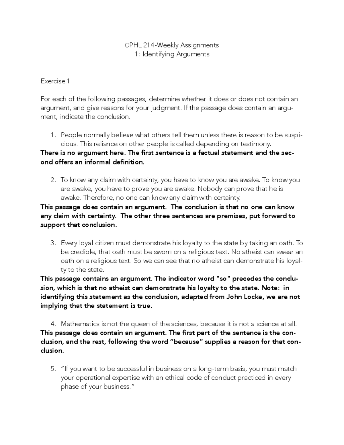 CPHL 214-Identifying Arguments Exercise Responses - Studocu