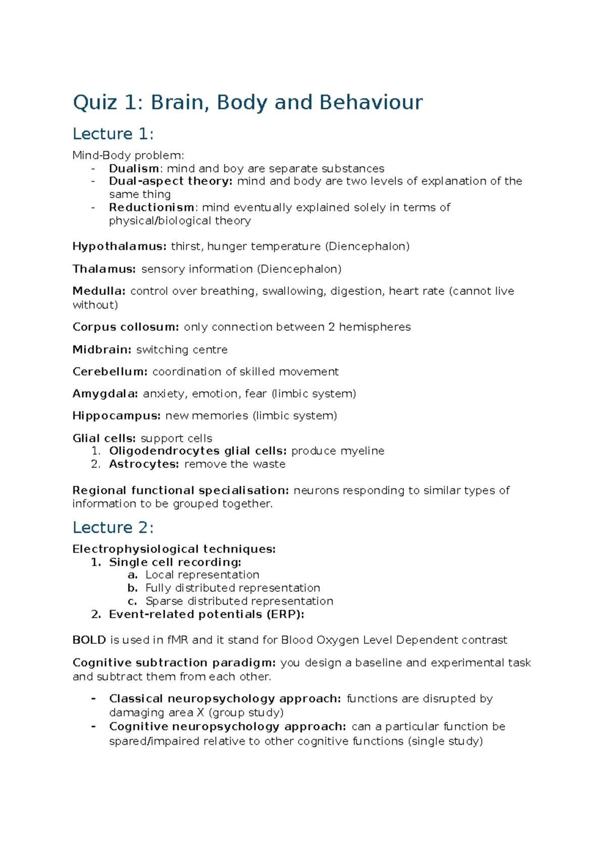 Quiz 1 Summary: Brain, Body & Behaviour Lecture Insights - Studeersnel
