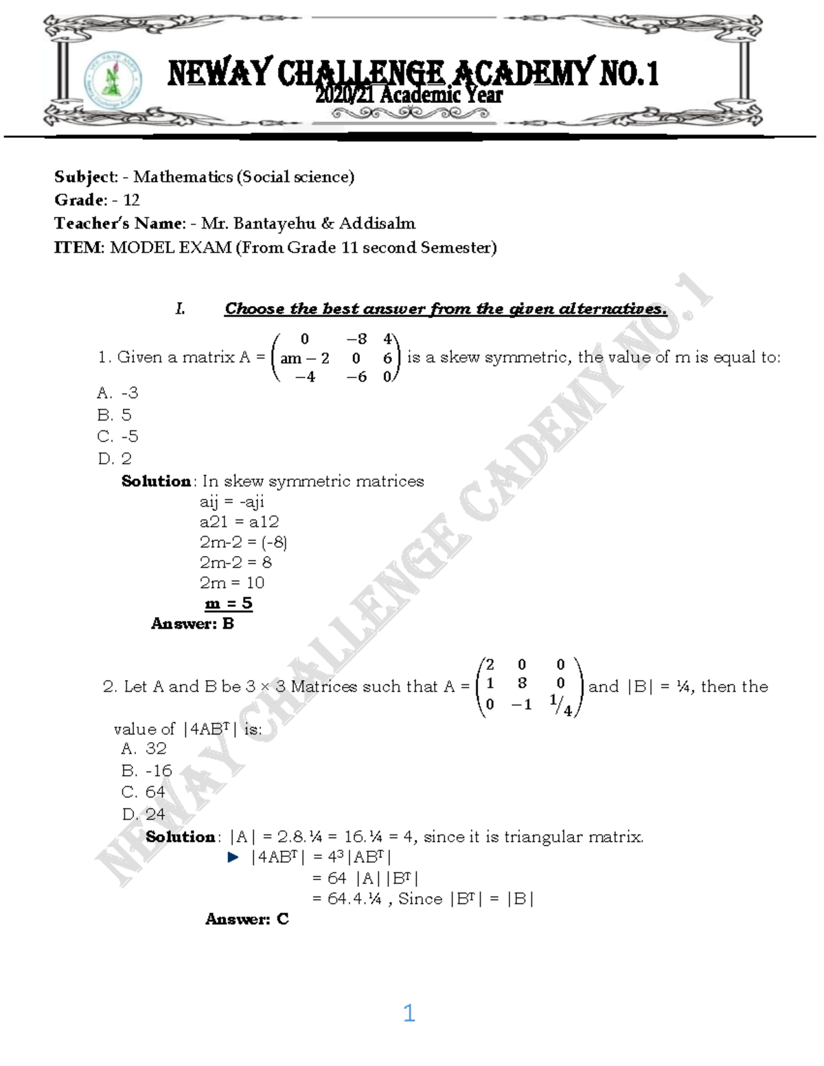 Grade 12 Mathematics Model Exam (Social Science) - 2018 - Studocu