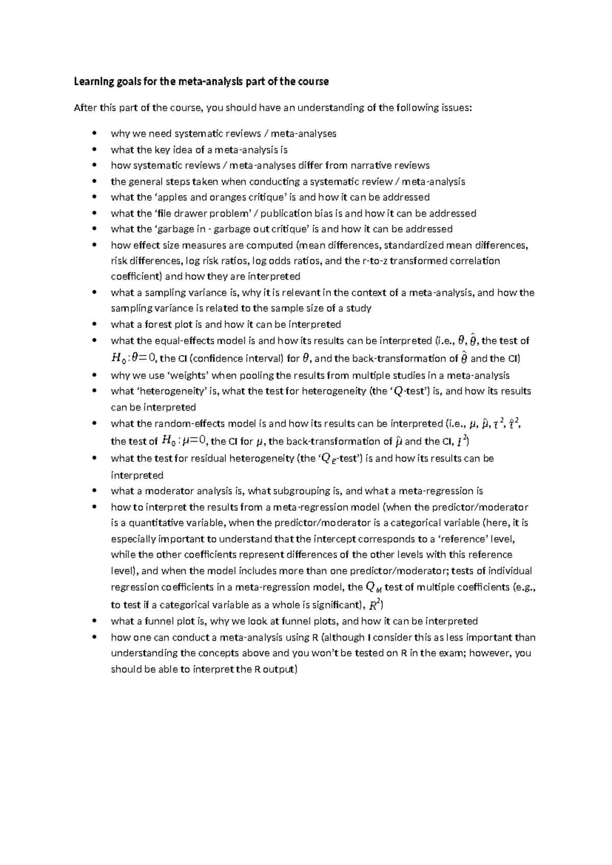 MA Course Learning Goals: Understanding Systematic Reviews and Analysis ...