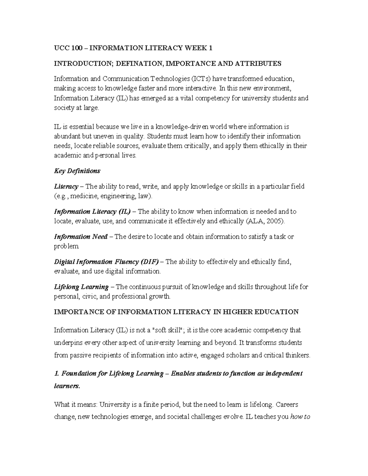 UCC 100 - Information Literacy Week 1: Definitions, Importance ...