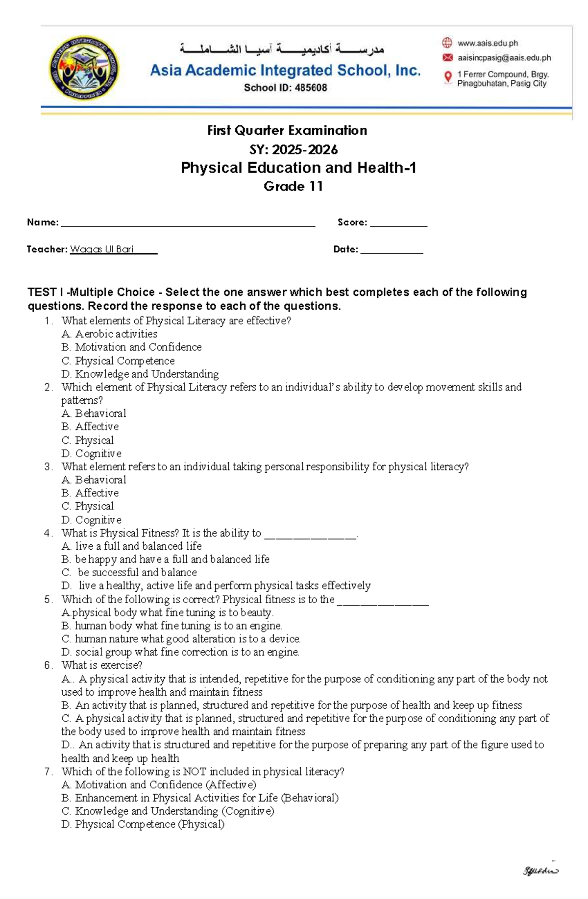 PE 110: Midterm Exam Review - Physical Education Grade 11 - Studocu