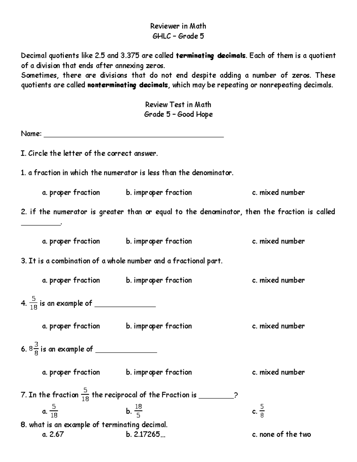 Reviewer in Math - Reviewer in Math GHLC – Grade 5 Decimal quotients ...