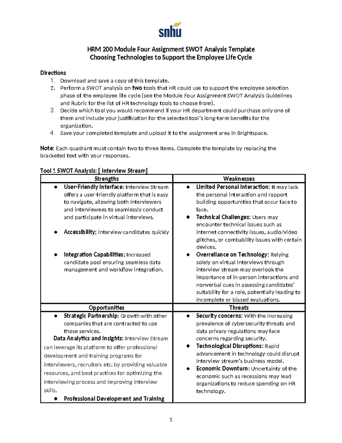 BHRM 200 Module Four Assignment SWOT Analysis Template - HRM 200 Module ...