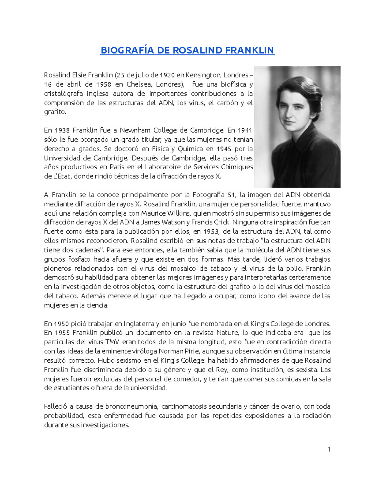 Biografía de Rosalind Franklin: Contribuciones y Legado Científico ...