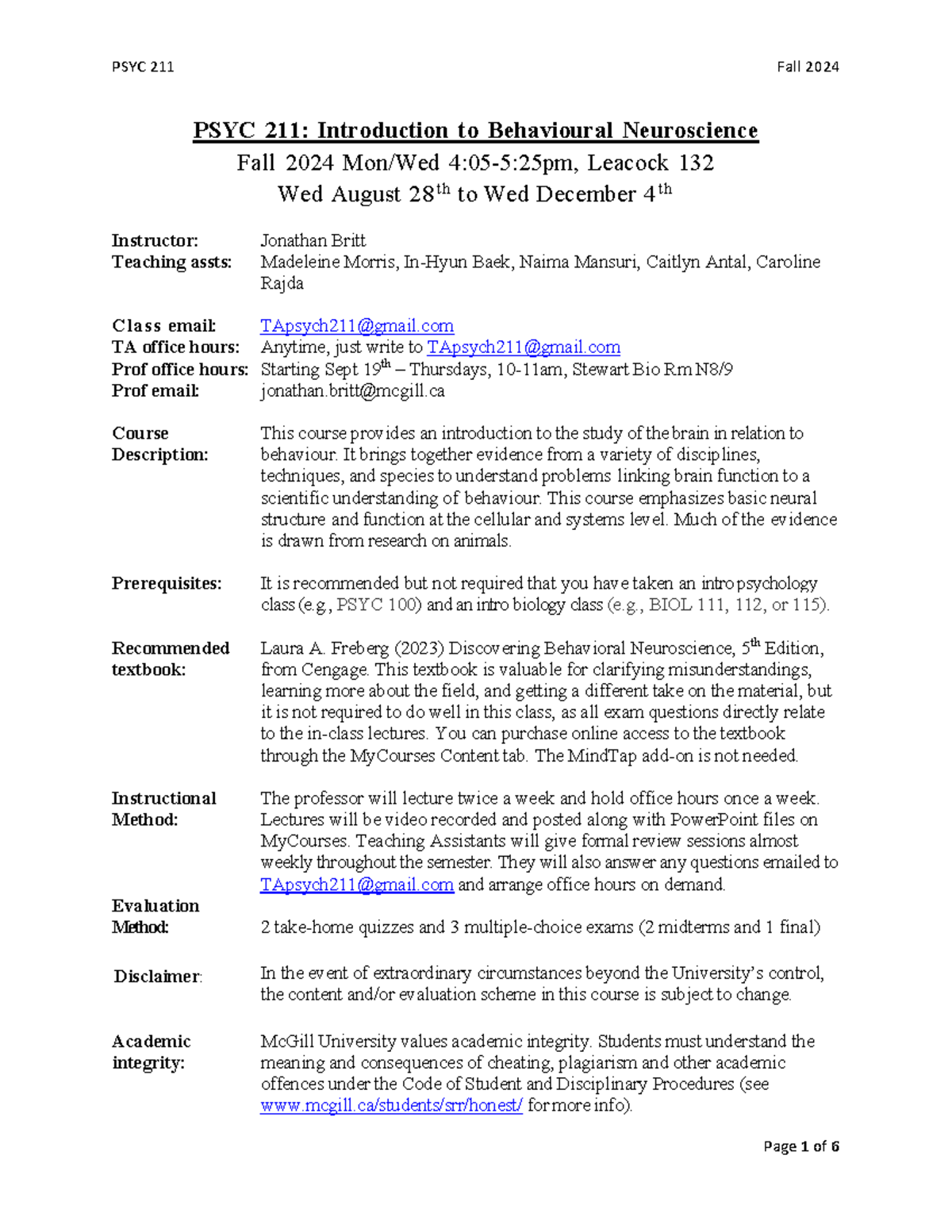PSYC211 Fall 2024 Course Syllabus: Intro to Behavioral Neuroscience ...