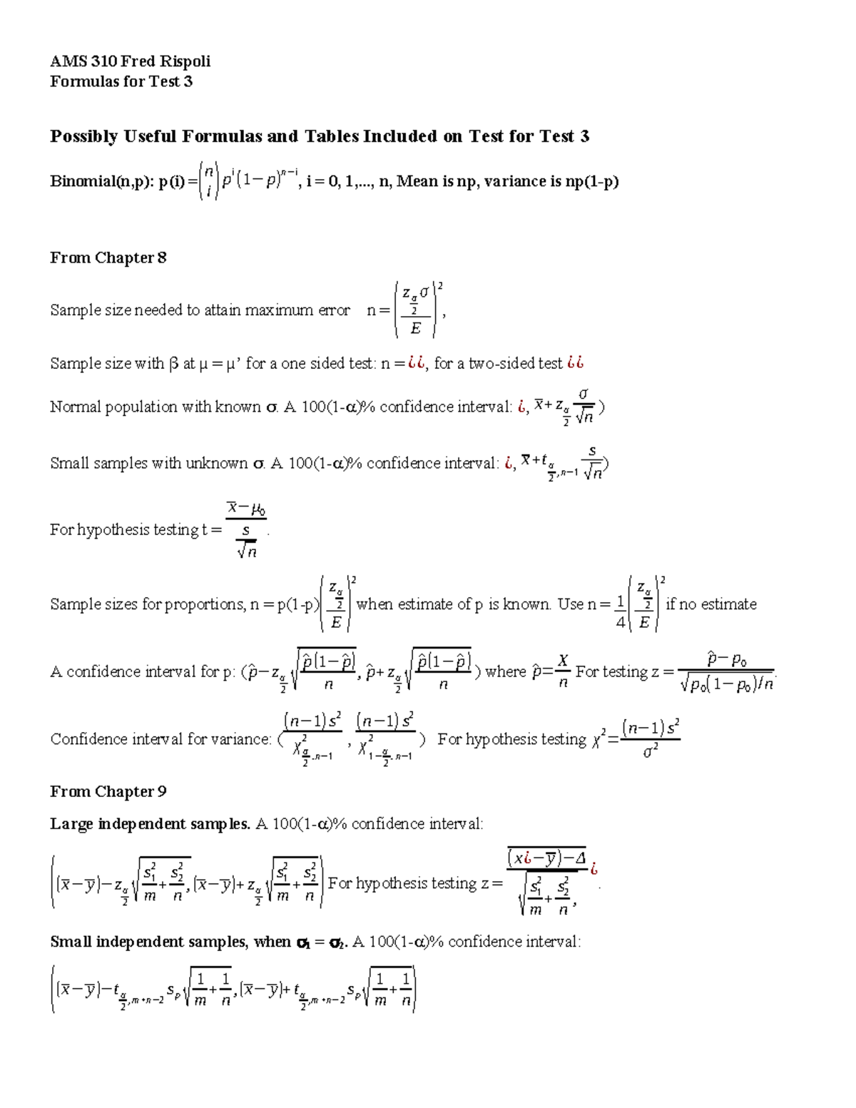 Formulas for Test 3 - AMS 310 Cheat Sheet by Fred Rispoli - Studocu
