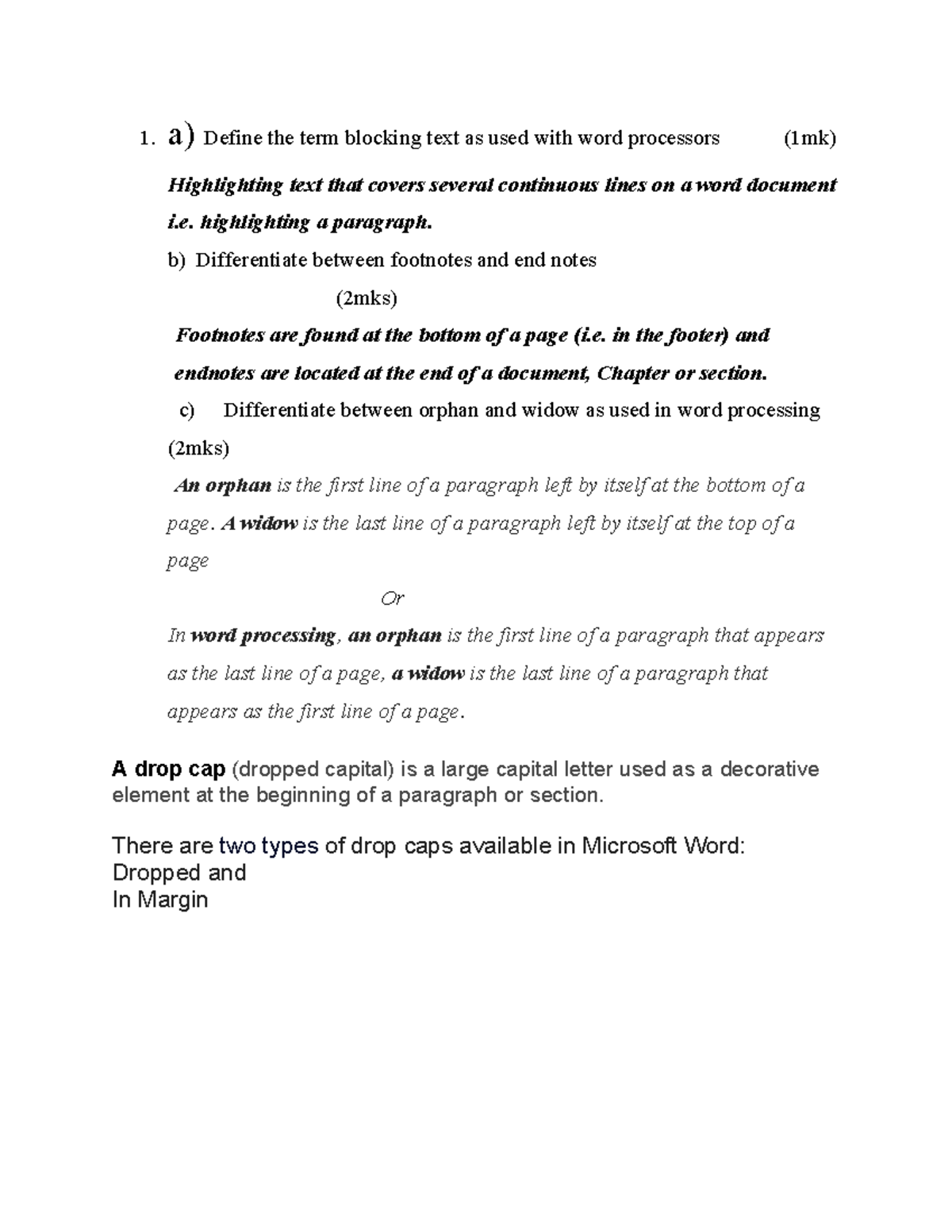 Form 2 Computer Studies: Word Processing Terminology Notes - Studocu