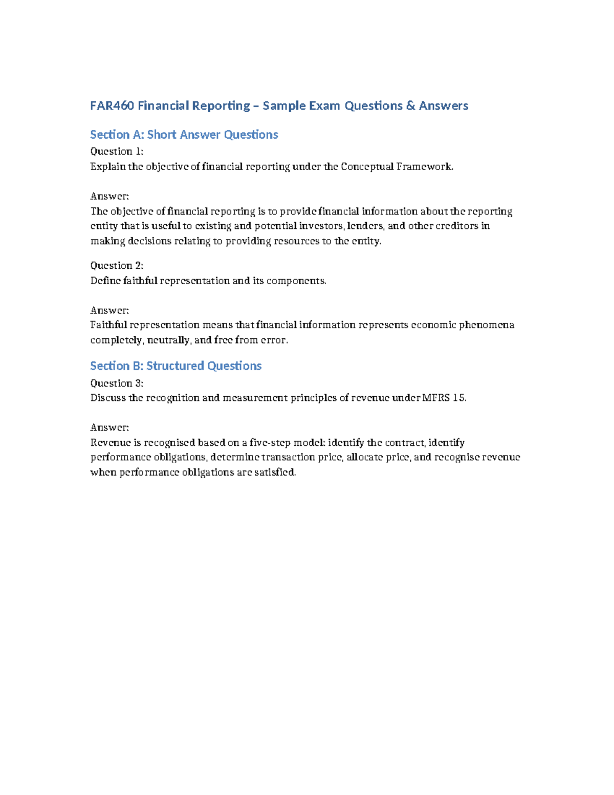 FAR460 Financial Reporting Sample Exam Q&A: Short & Structured - Studocu