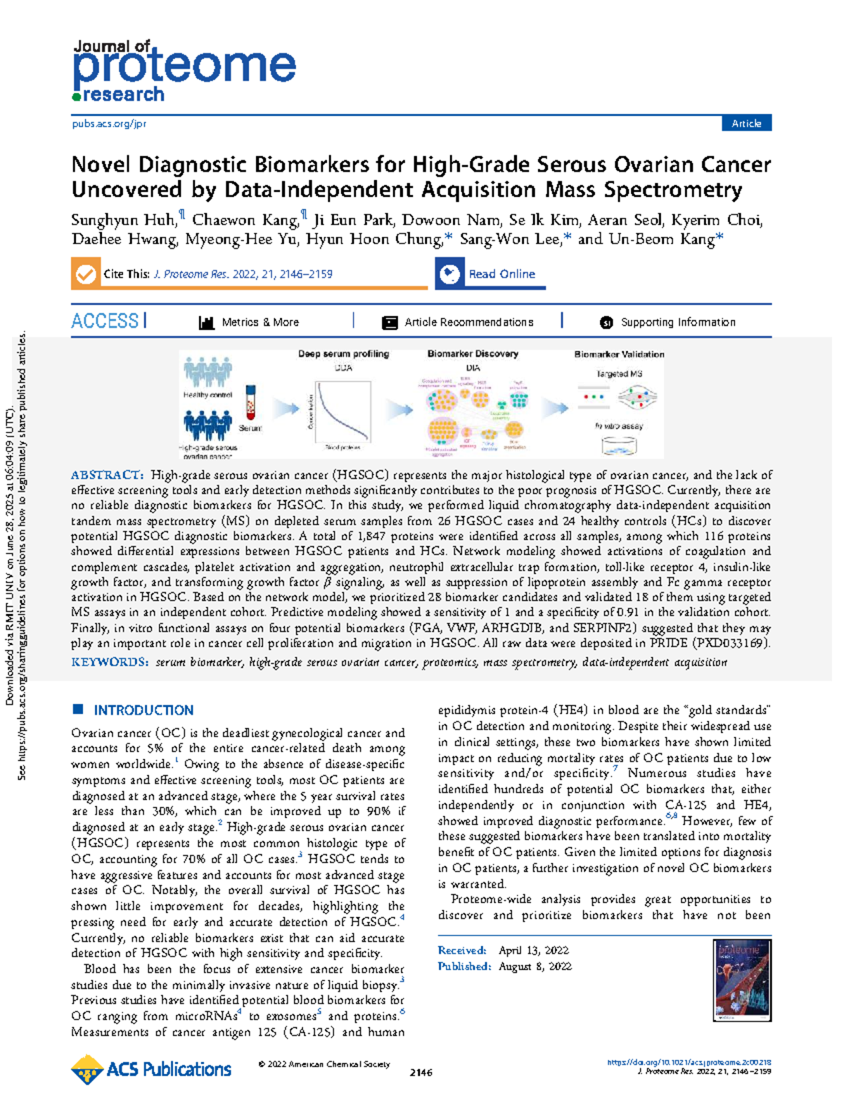 Novel Diagnostic Biomarkers for HGSOC via Mass Spectrometry Analysis ...