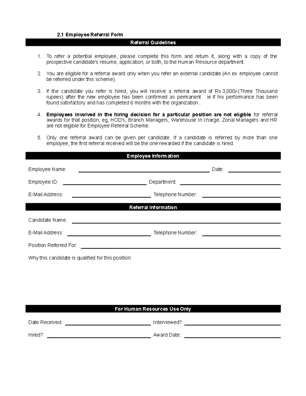 Employee Referral Form Sample