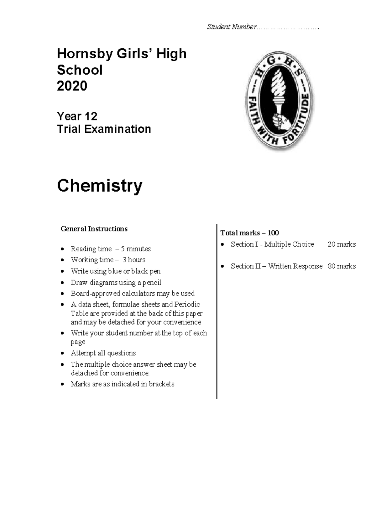 Hornsby Girls 2020 Year 12 Chemistry Trial Exam Solutions - Studocu
