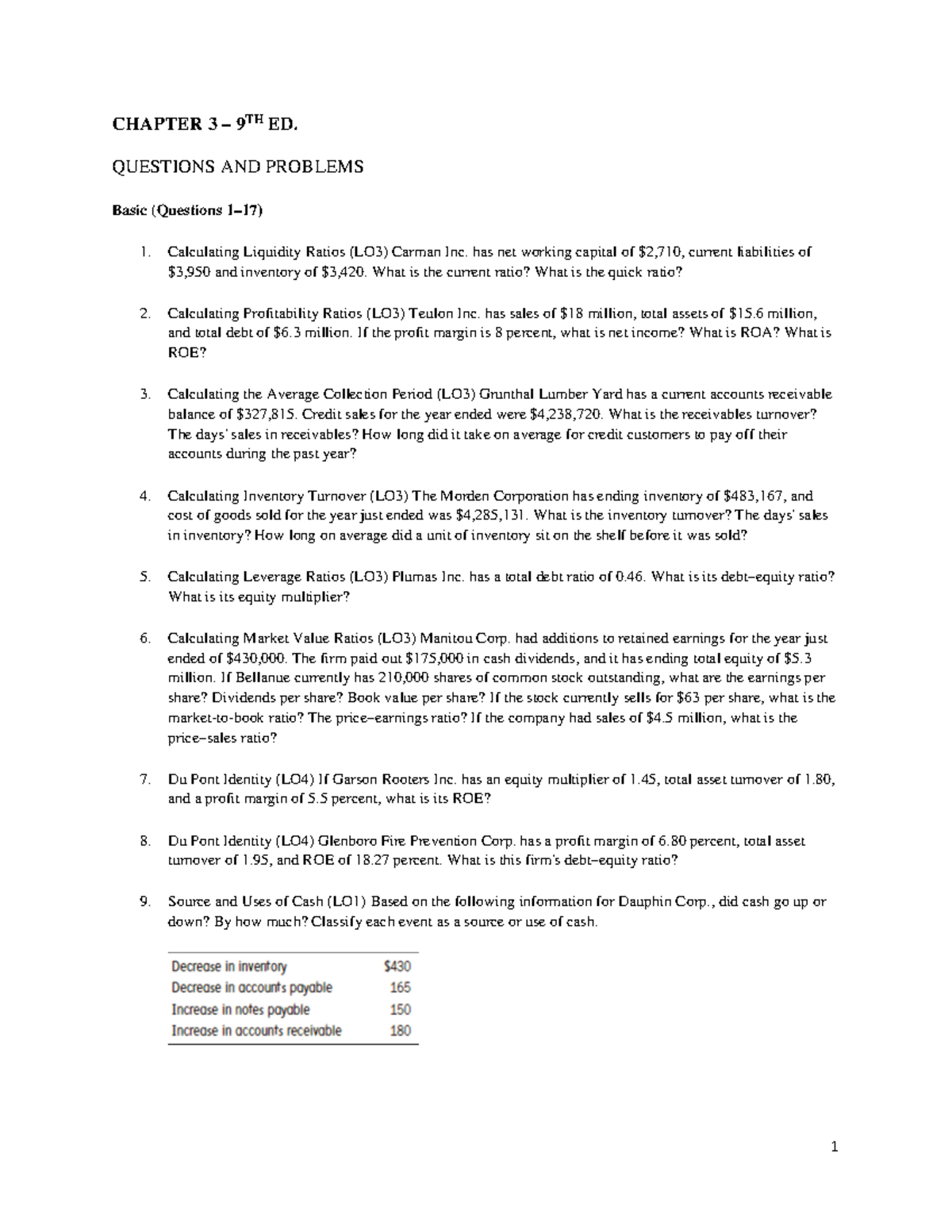 Chapter 3-9th Ed. Exercise Problems and Financial Ratios Analysis - Studocu