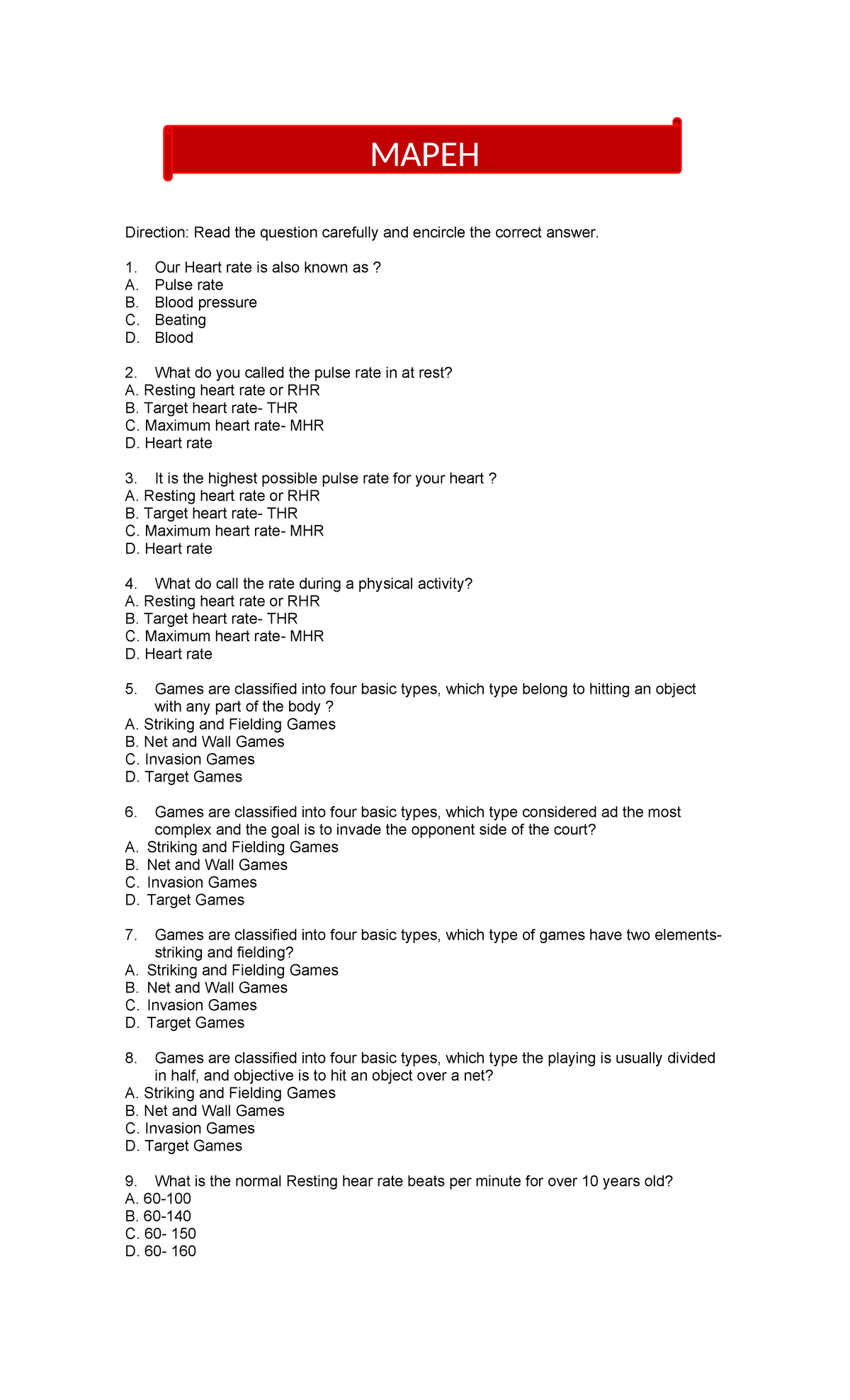 MAPEH September Exam: Heart Rate & Game Types Quiz - Studocu