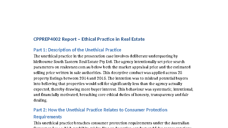 CPPREP4002 Report on Unethical Practices in Real Estate Ethics - Studocu
