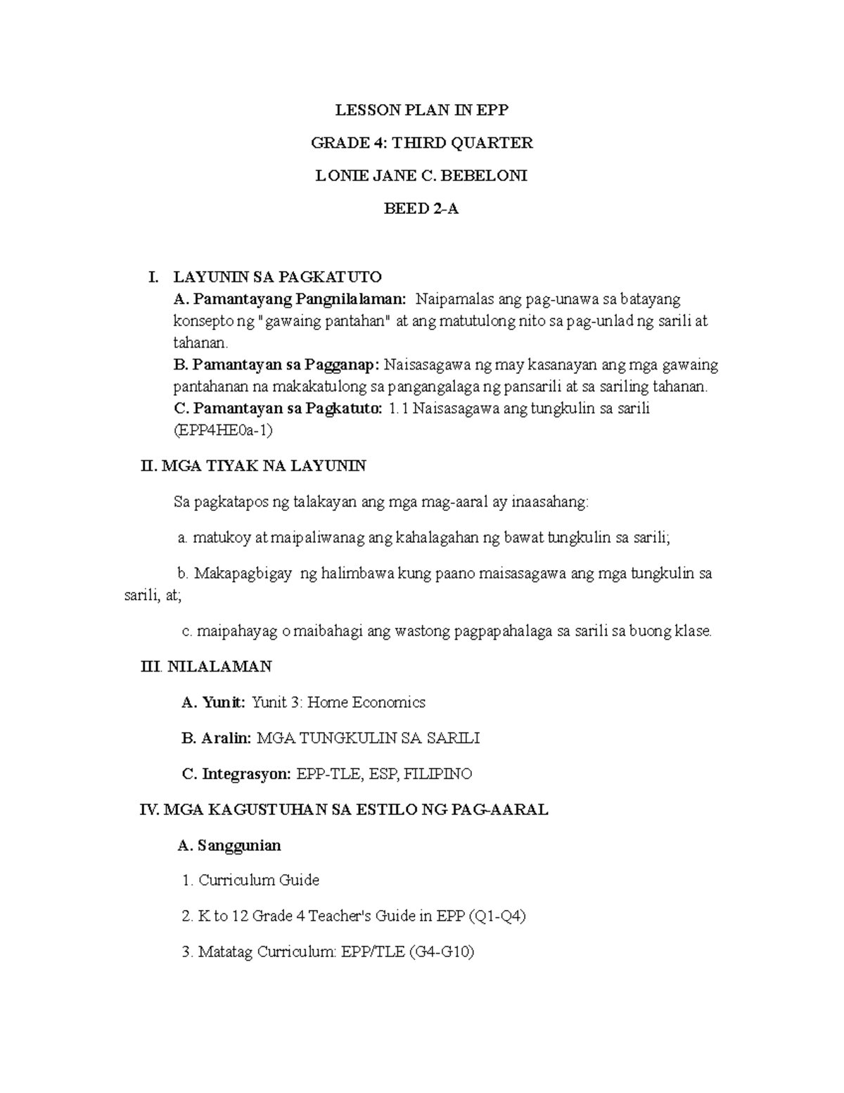 LESSON PLAN IN EPP GRADE 4: THIRD QUARTER OVERVIEW - Studocu