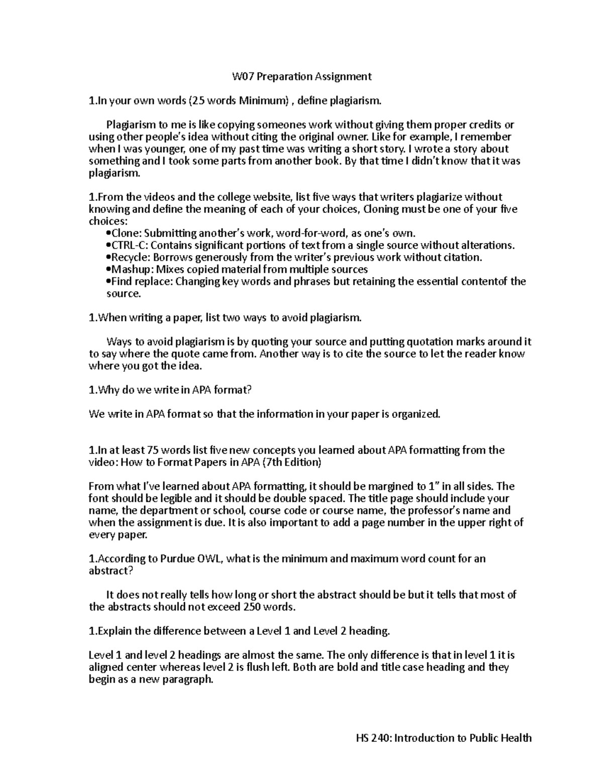 HS 240: W07 Preparation Assignment on Plagiarism & APA Formatting - Studocu