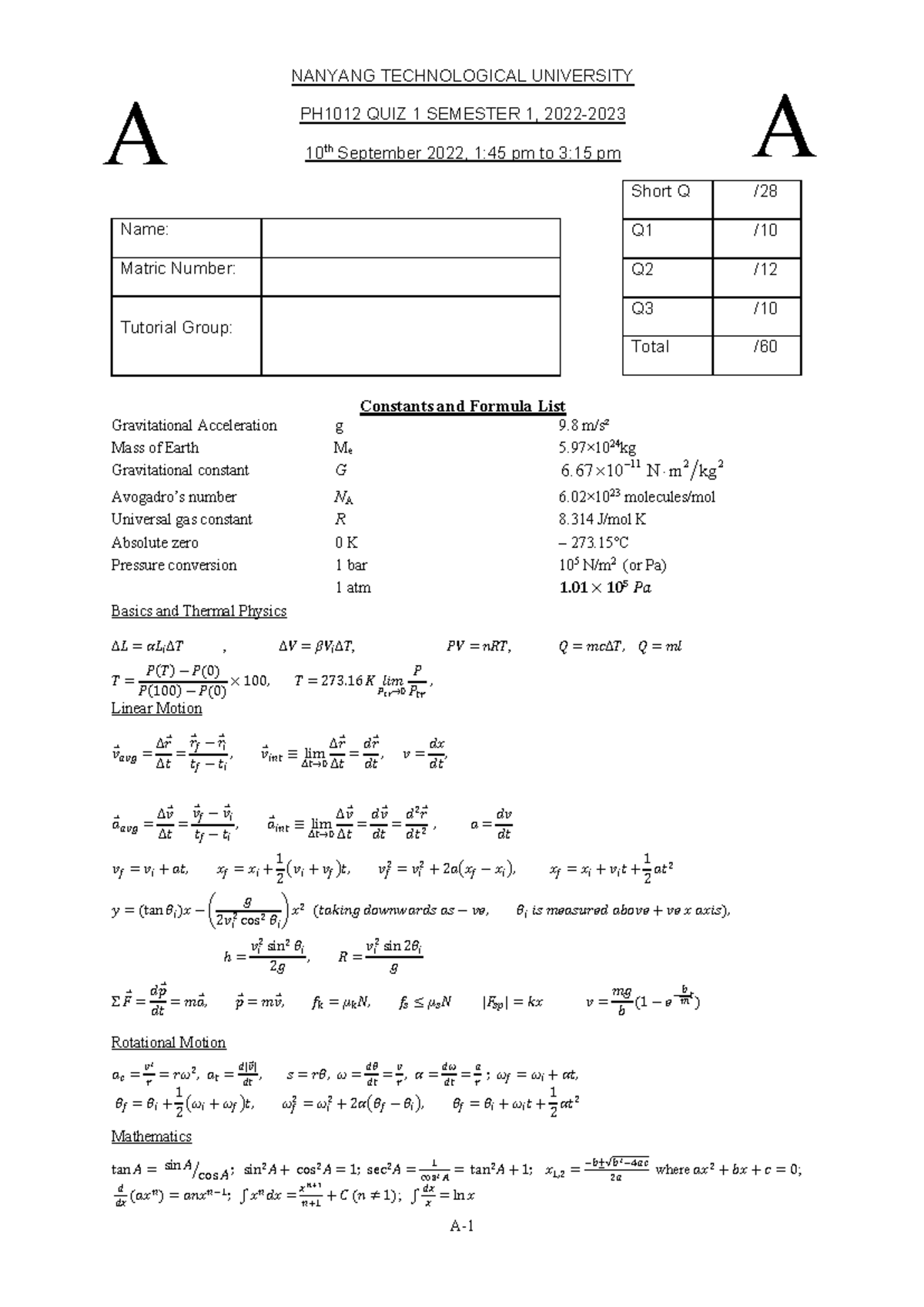 PH1012 Midterm 1A Study Notes and Key Concepts (2022-2023) - Studocu