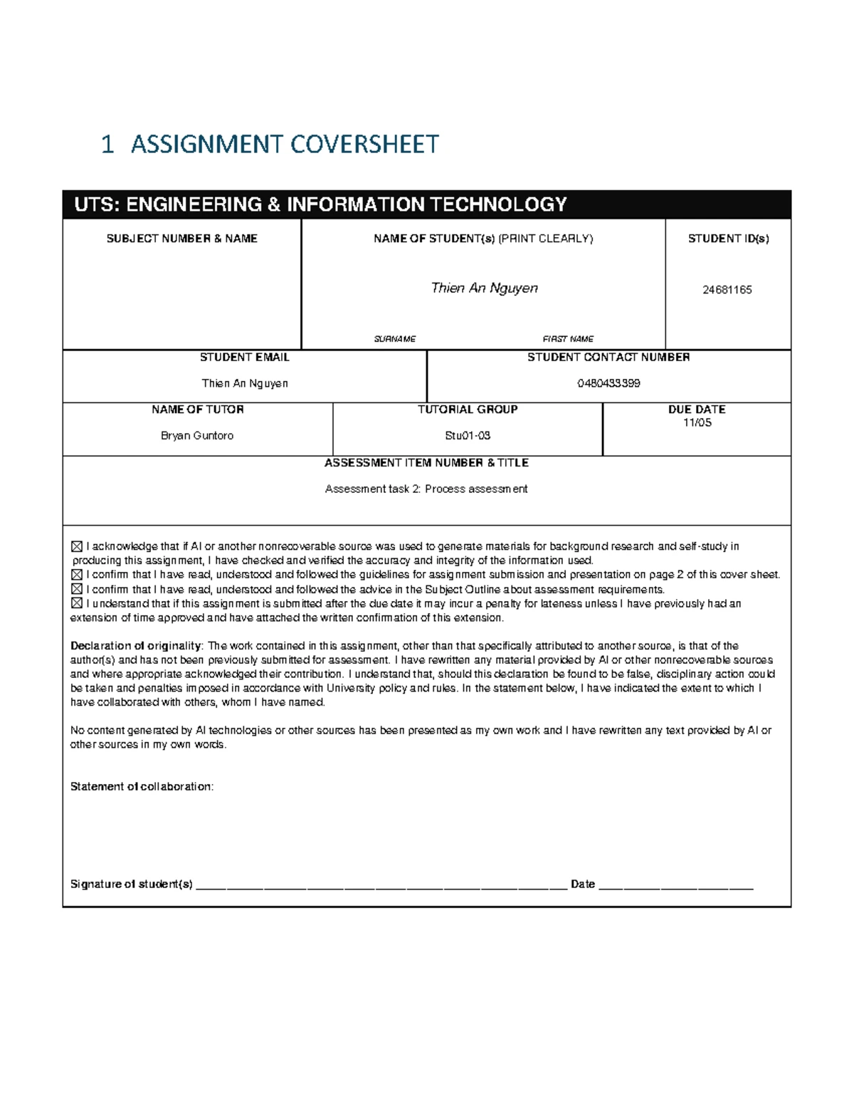 FEIT Assignment Coversheet for Submission - UTS Engineering & IT - Studocu