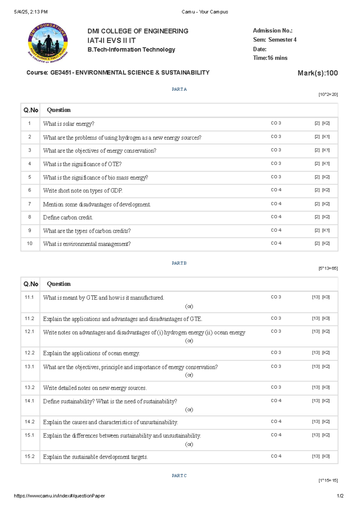 IAT 2 EVS - Environmental Science Sustainability Question Paper - Studocu