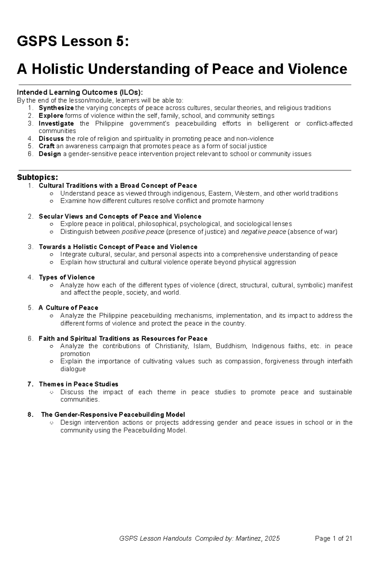GSPS Lesson 5: Comprehensive Insights on Peace and Violence Dynamics ...