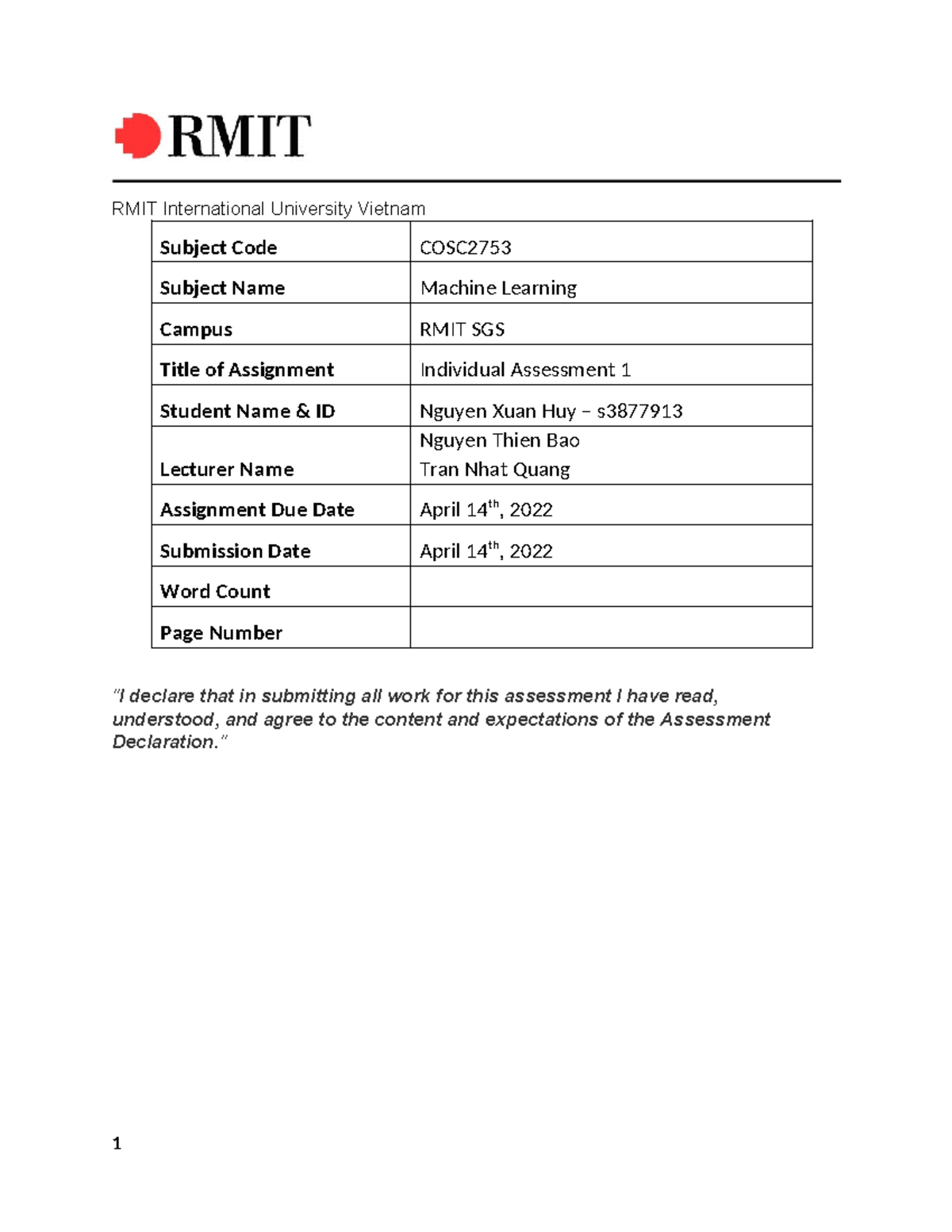 Assignment1_MachineLearning_CR - RMIT International University Vietnam ...