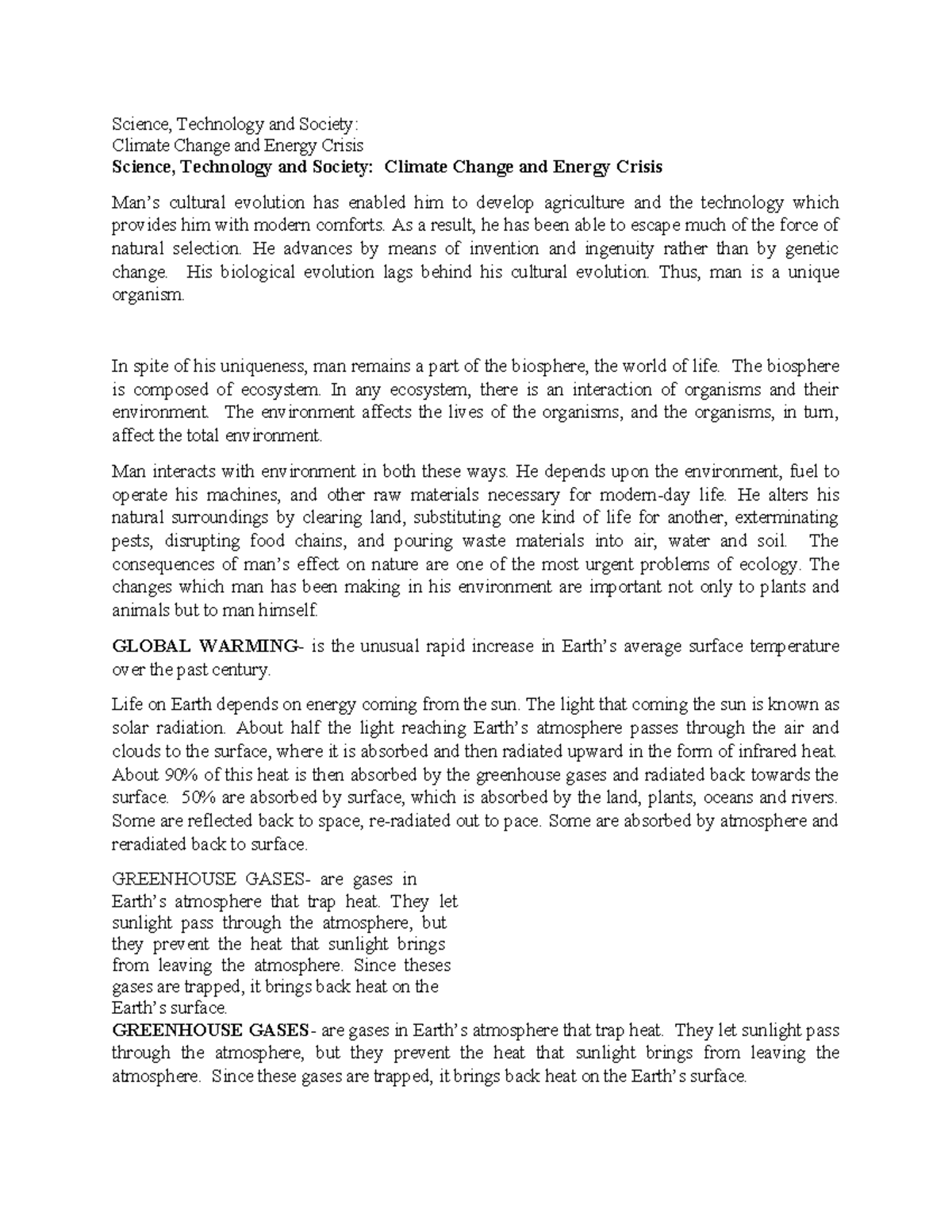 ST 101: Climate Change & Energy Crisis Overview and Implications - Studocu