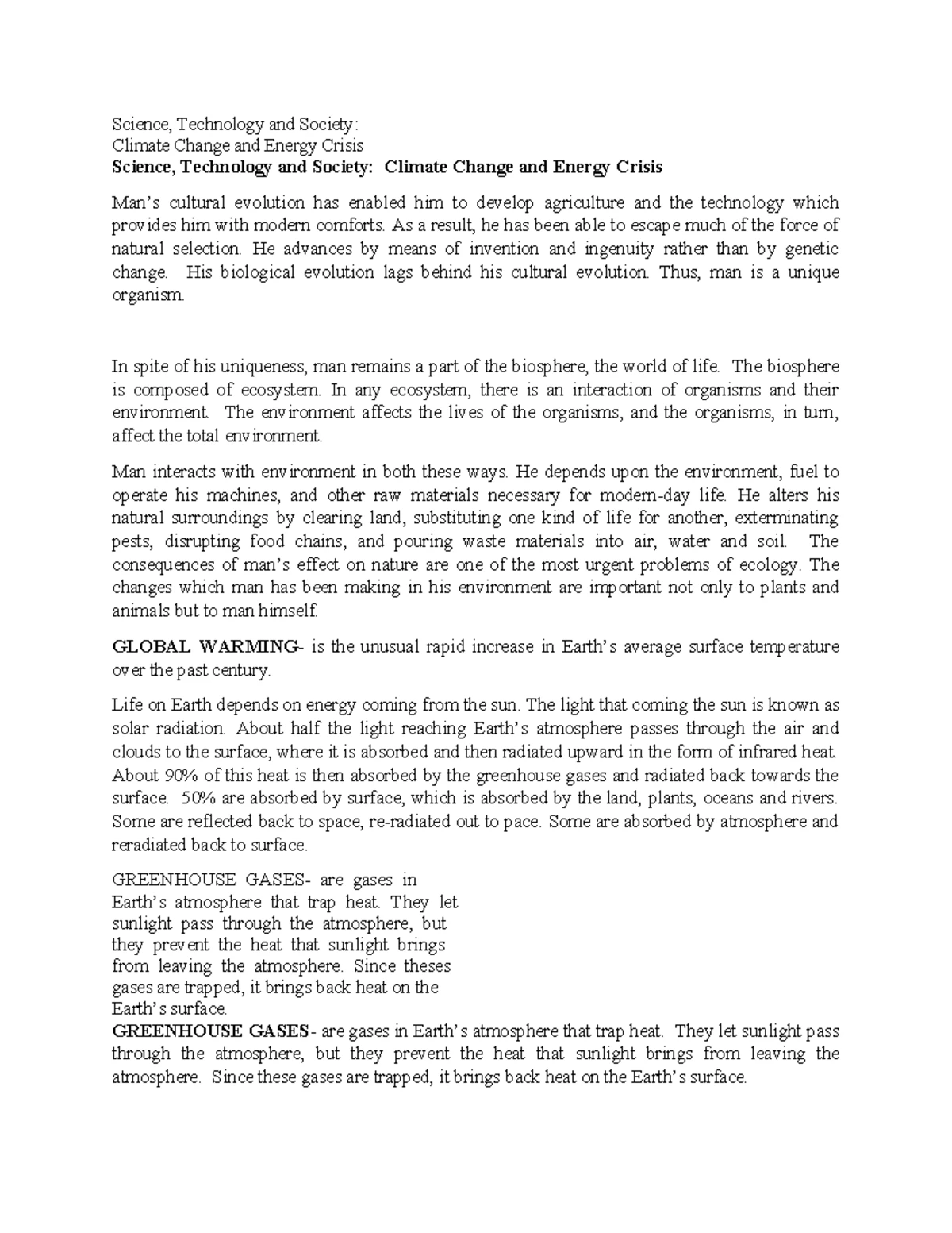 STS L Reflection Paper: A Personal Take on Climate Change Impacts - Studocu