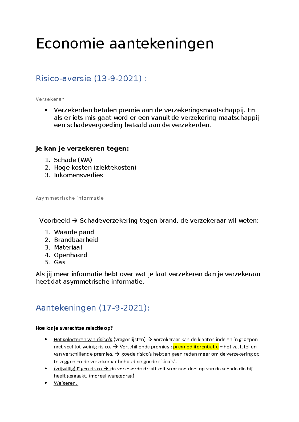 Economie Aantekeningen - Risico-aversie en Verzekeringen voor VWO ...