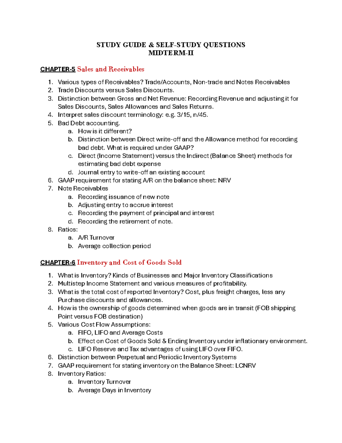 Midterm II Study Guide & Self-Study Questions: Ch. 5-7 - Studocu
