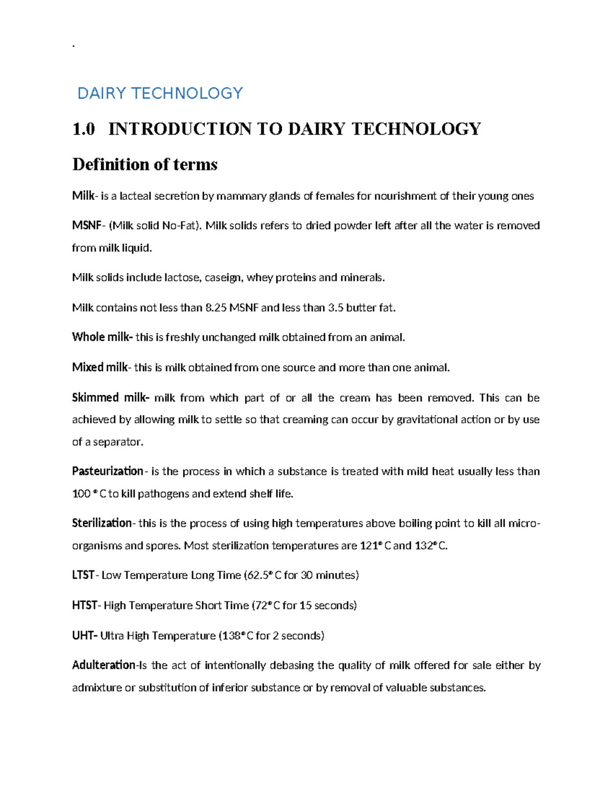 Dairy Technology 1.0: Introductory Notes on Milk Composition and ...