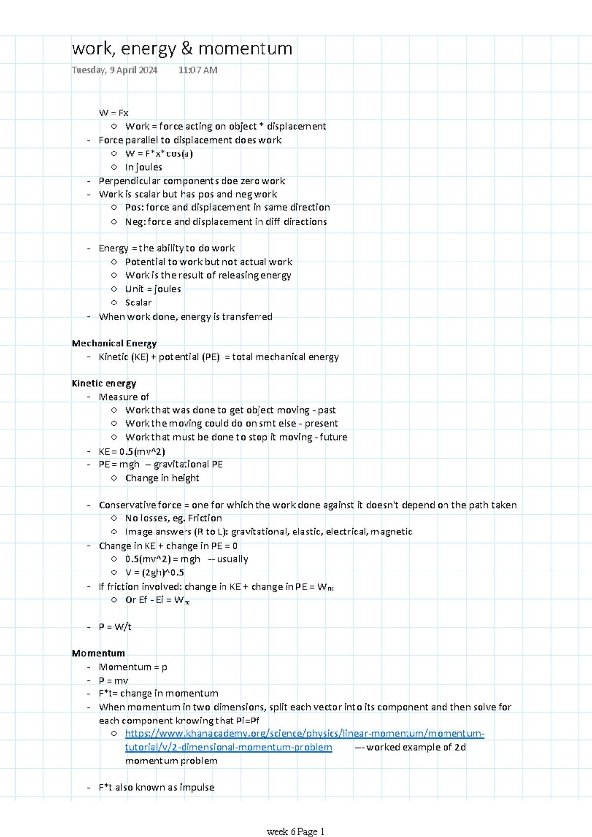 Work, Energy & Momentum Concepts - Week 6 Notes - Studocu