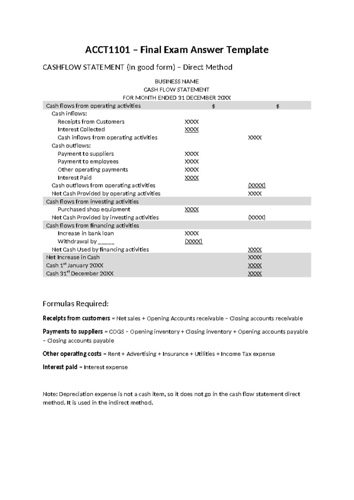 ACCT1101 Final Exam Cash Flow Statement Template (Direct Method) - Studocu