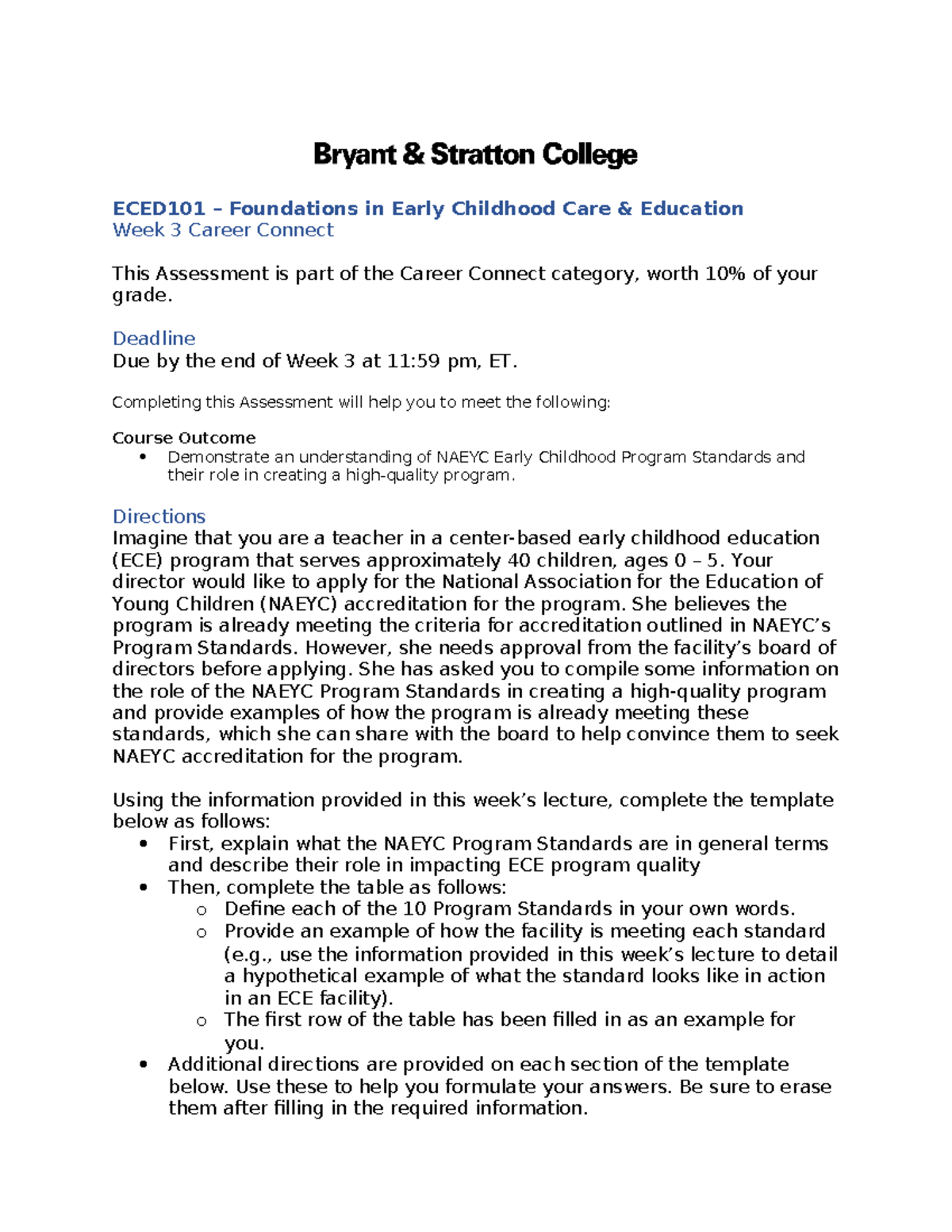 ECED101 - Week 3 Career Connect Assessment: NAEYC Program Standards ...