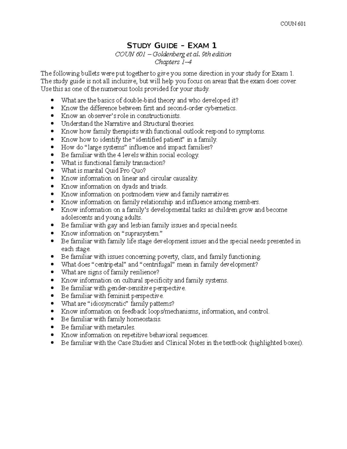 Study Guide for COUN 601 - Exam 1: Key Concepts and Focus Areas - Studocu
